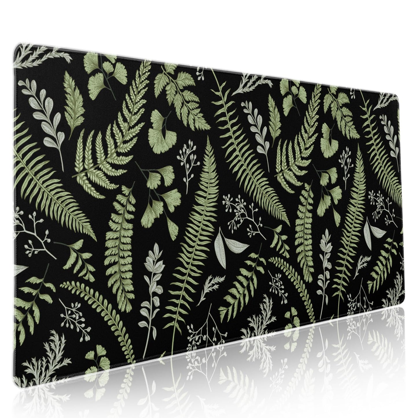Black Green Plant Flowers Mouse Pad XXL Tropical Fern Botanical Leaves Extended Desk Mat 90X40cm