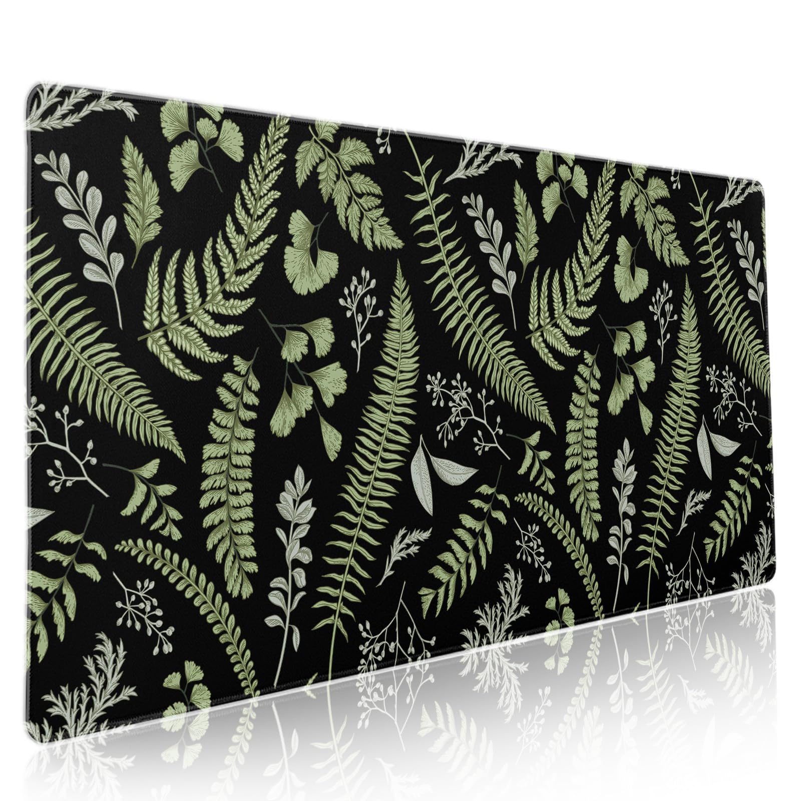 Black Green Plant Flowers Mouse Pad XXL Tropical Fern Botanical Leaves Extended Desk Mat 90X40cm