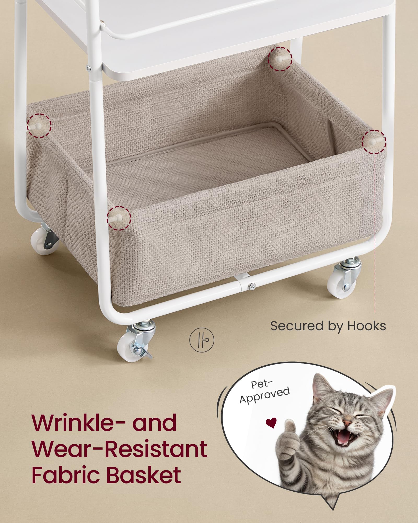 VASAGLE Storage Cart with Fabric Basket, 3-Tier Rolling Utility Cart