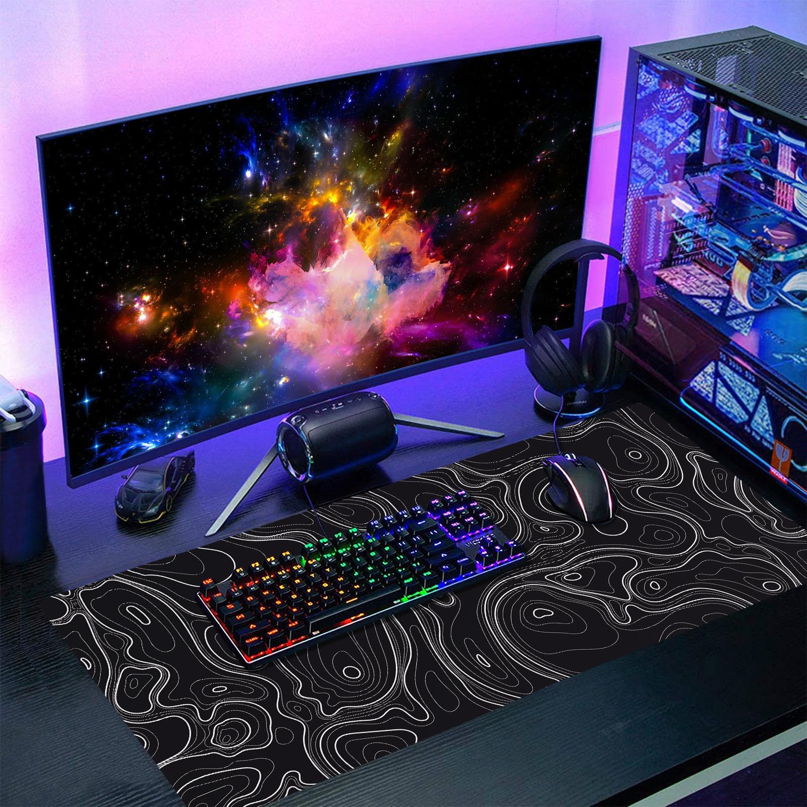 Topographic Map Black Gaming Mouse Pad XXL Minimalist Topo Geographic White Lines Extended Large