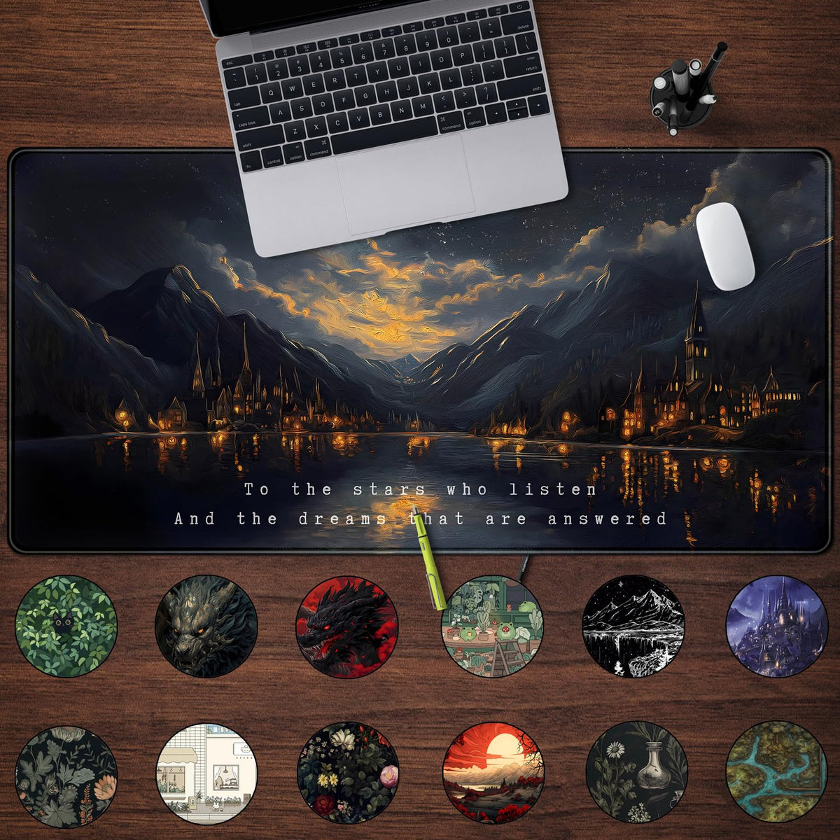 Starry Night Mountain Desk Pad Mat Moon Oil Painting XXL Black Mouse Pad for Gaming Deskpad
