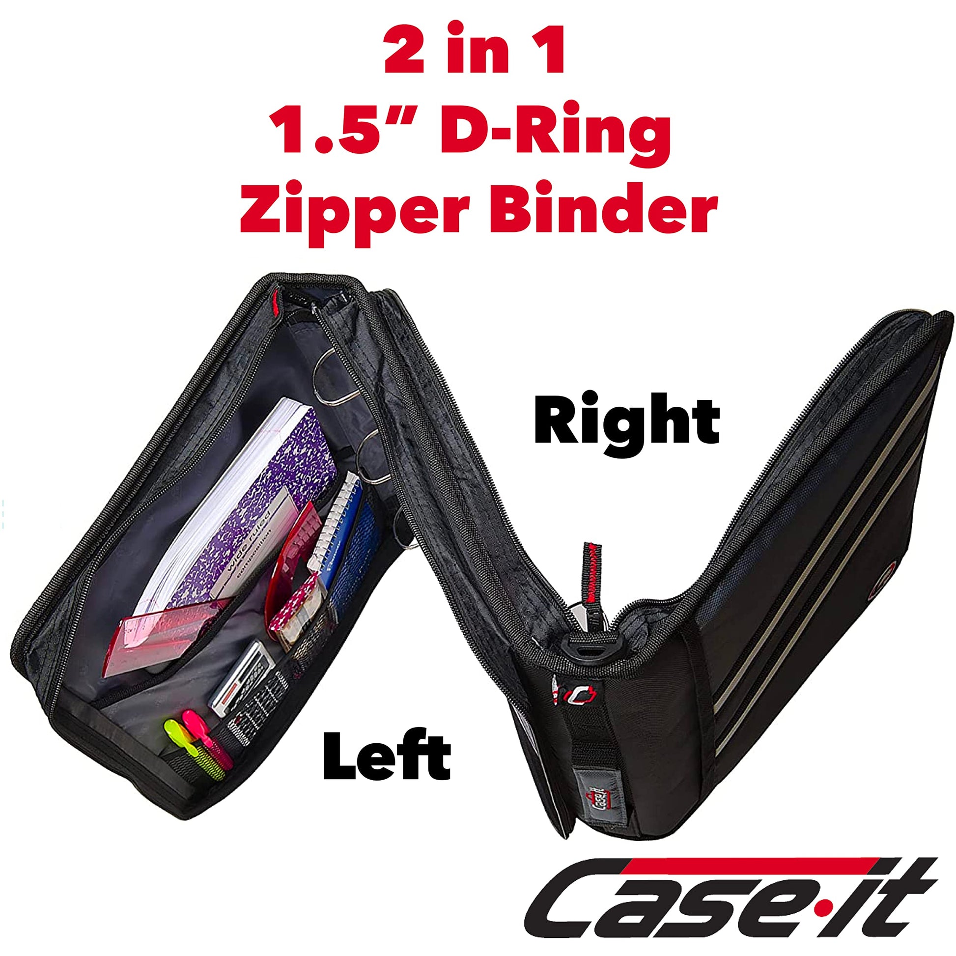 Case-it Zipper Binder | Dual 1.5" D-Rings | 500-Sheet | Z-176 Jet Black