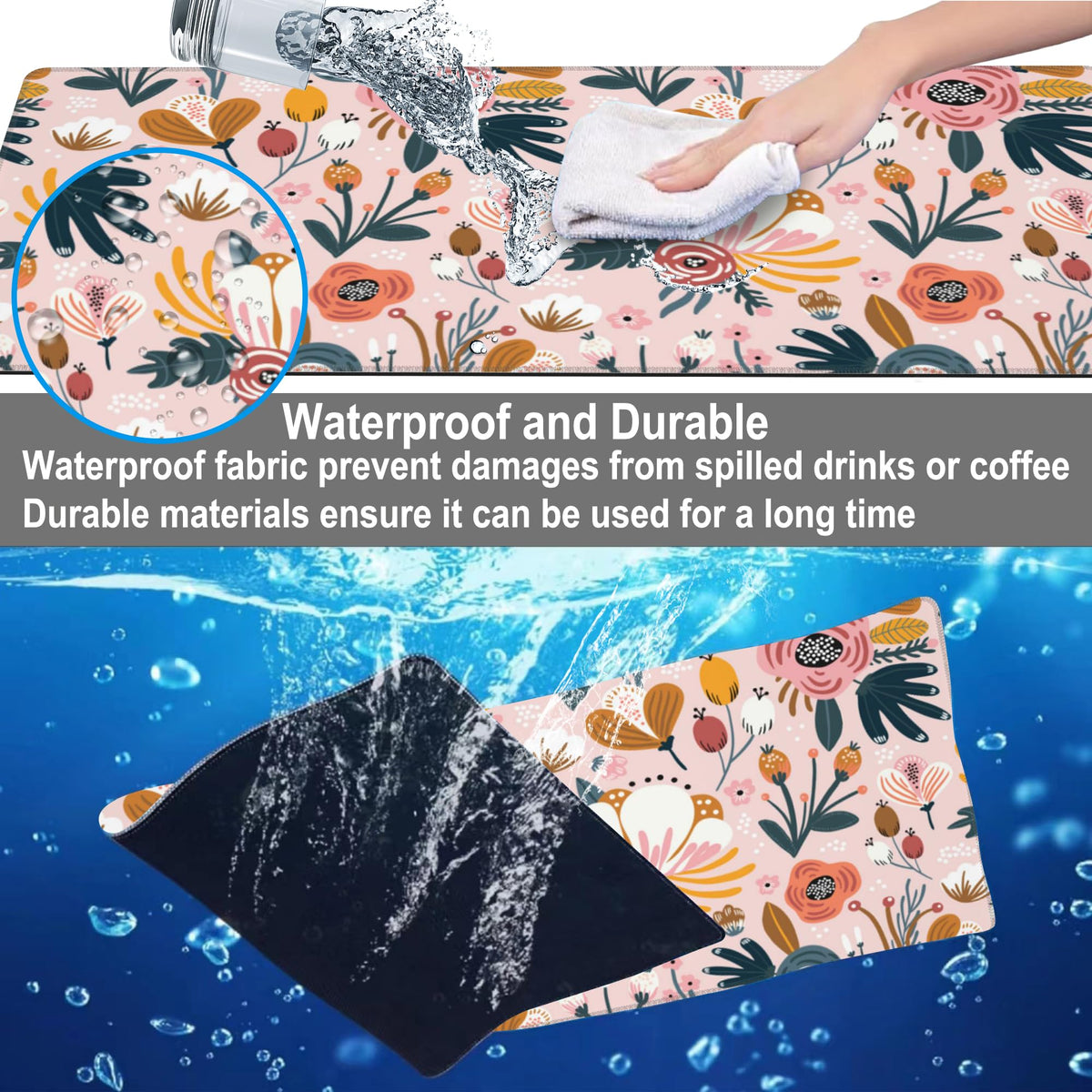 Mouse Pad, Large Colorful Flowers and Berries Desk Mat, Extended Non-Slip Gaming Keyboard Mousepad