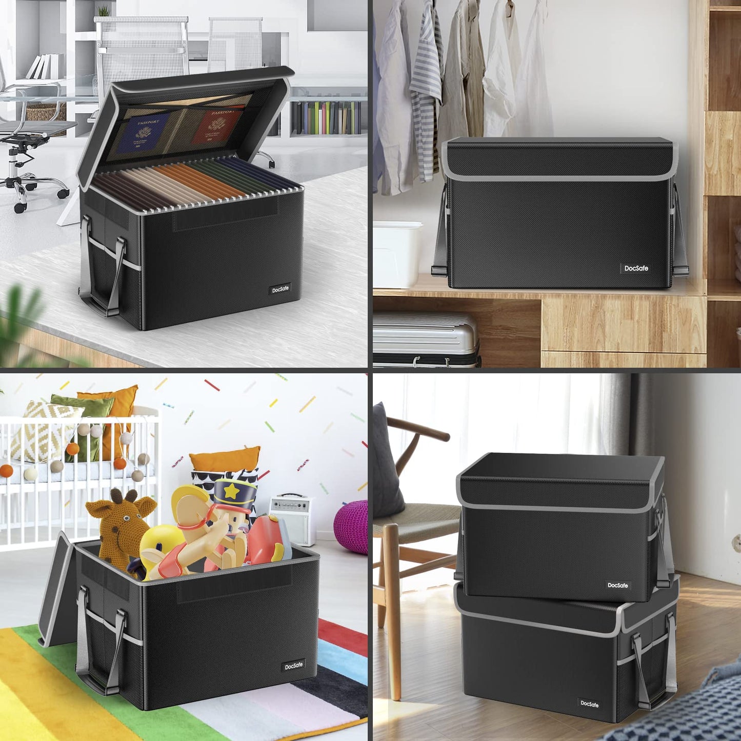 DocSafe File Box Fireproof File Storage Organizer with Lid,Collapsible Document Storage Filing Case