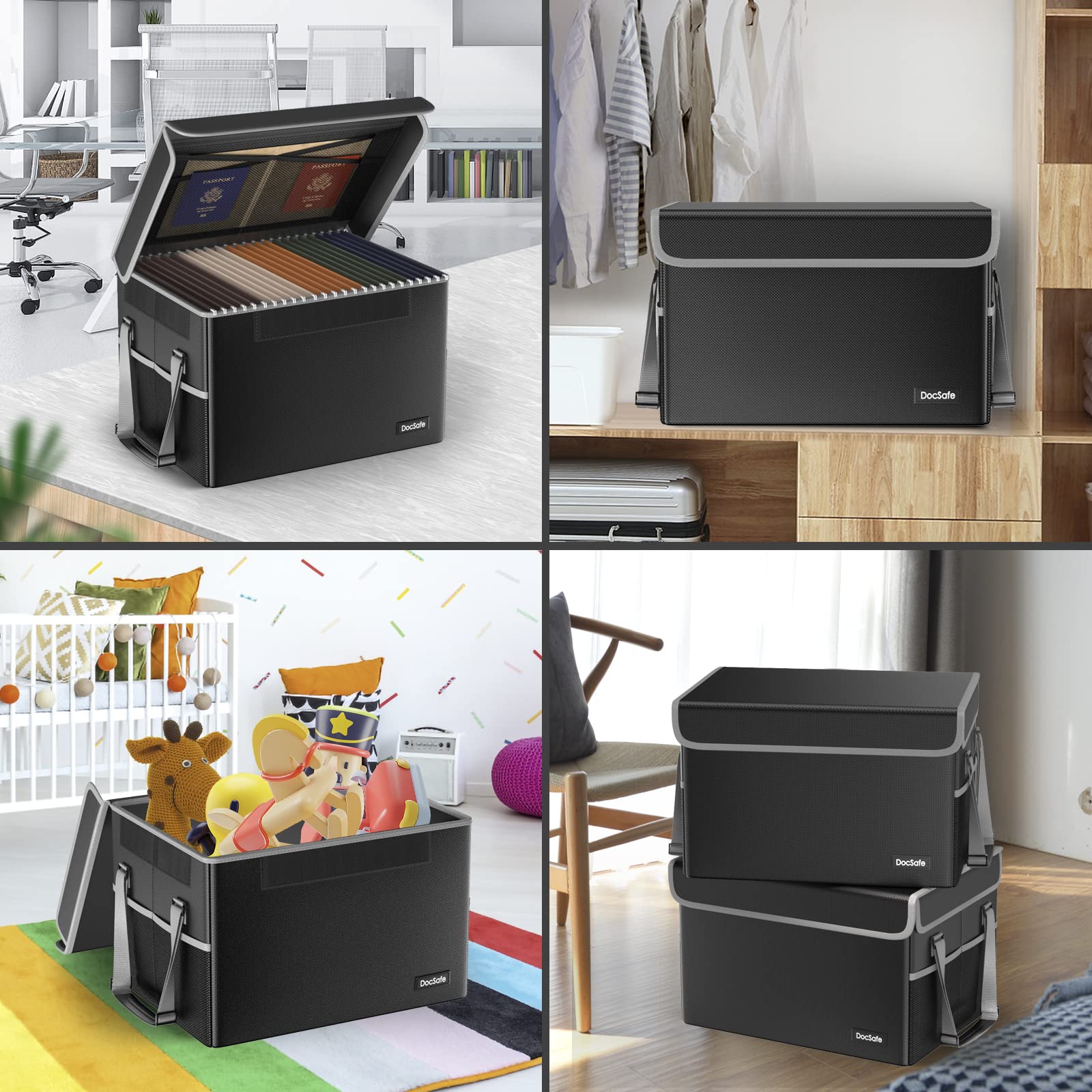 DocSafe File Box Fireproof File Storage Organizer with Lid,Collapsible Document Storage Filing Case