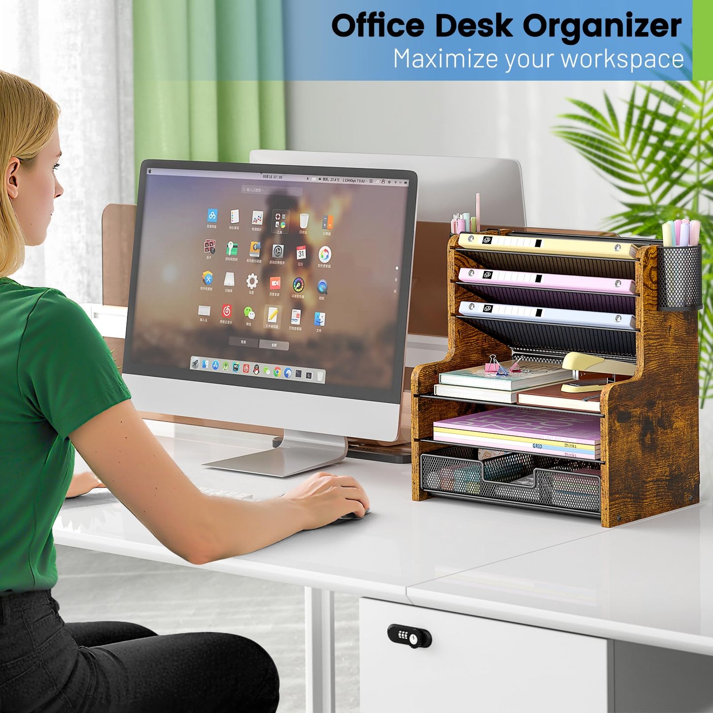 DAOUTIME 6-Tier Mesh Desk Organizer with Drawer, Wooden Office Organizer for Papers, Folders &