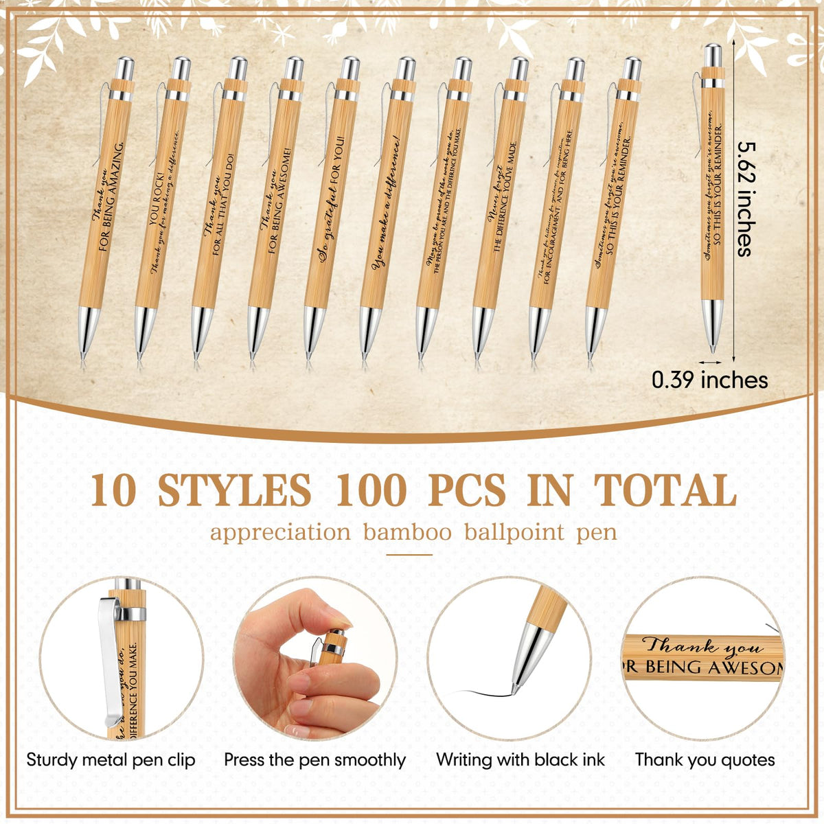 ReliThick 100 Sets Inspirational Bamboo Pen Bulk Staff Appreciation Gifts