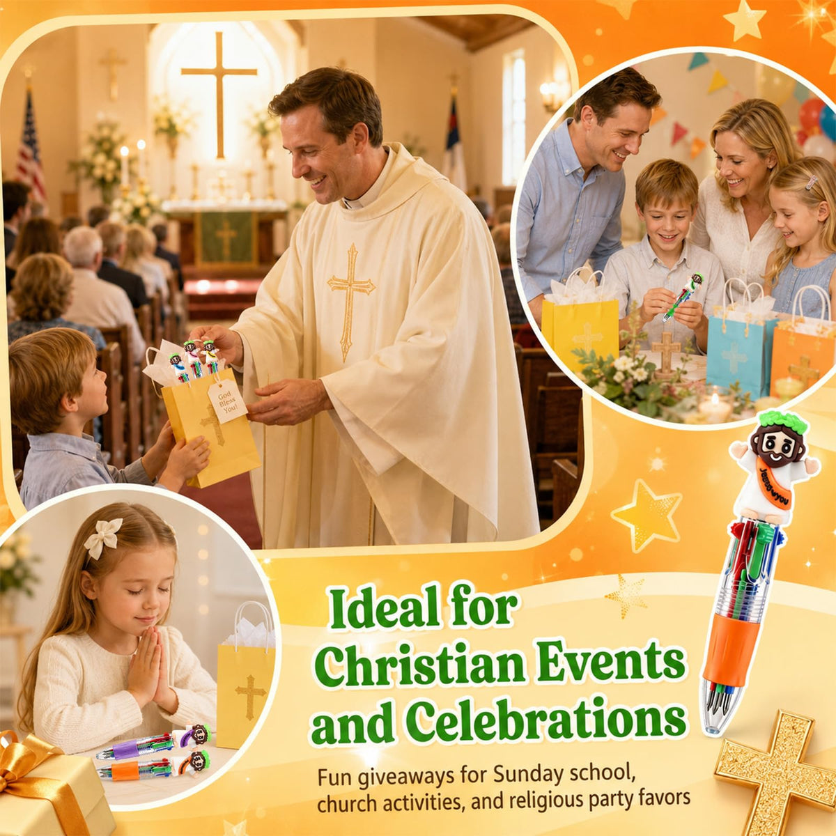 SZCECHRE 48 PCS Christian Jesus Pens 4 Color Multicolor Ballpoint Pens with Cute Jesus Design