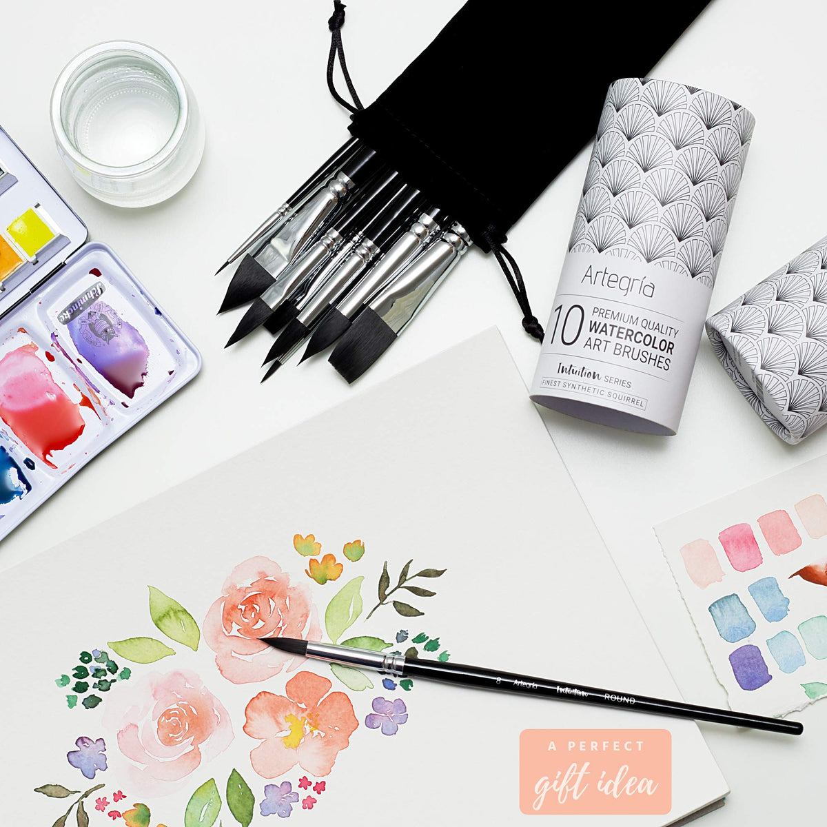 ARTEGRIA Watercolor Brush Set, 10 Soft Synthetic Squirrel Brushes
