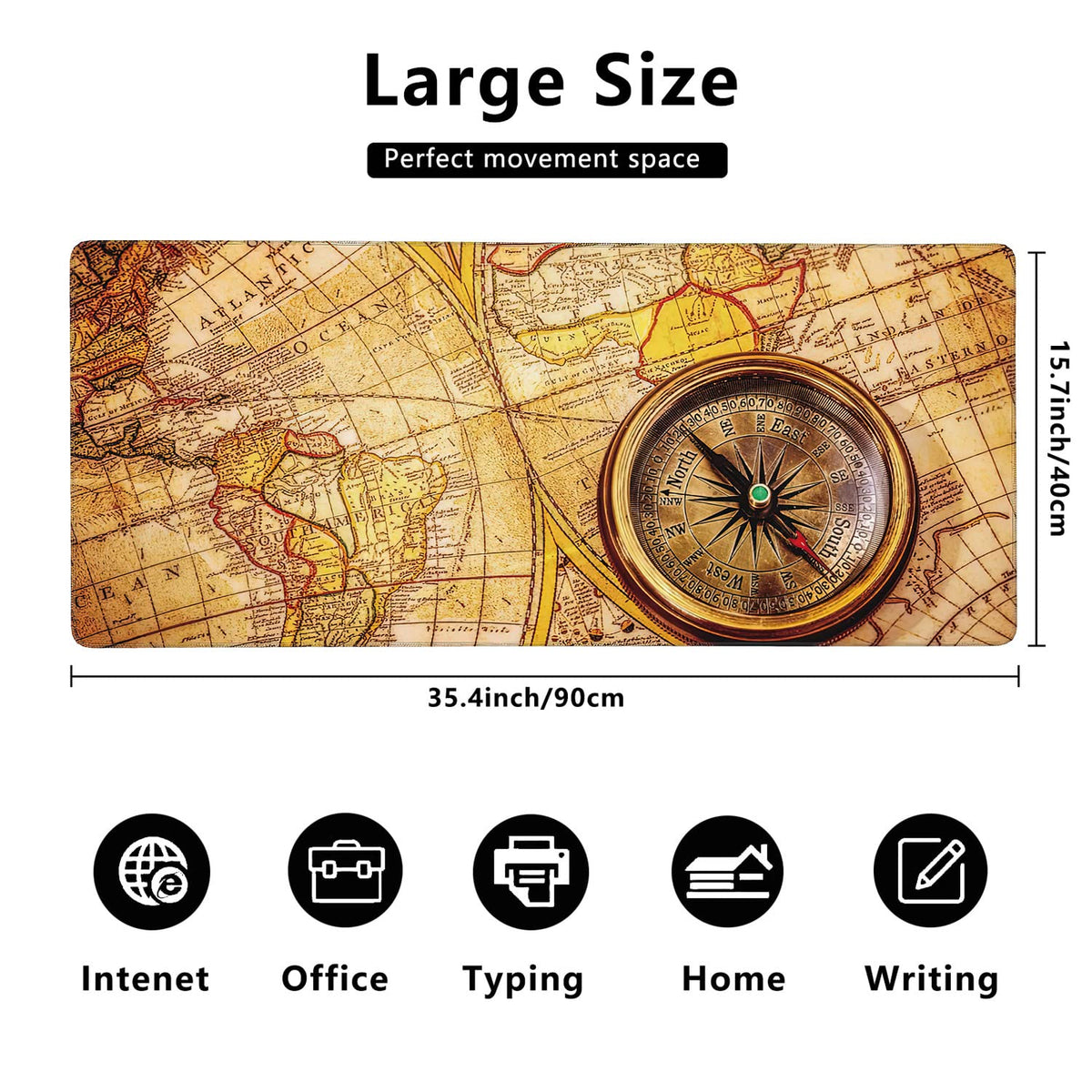 Vintage Compass Lies on Ancient World Map Extended Gaming Mouse Pad Large Desk Mat with Non-Slip