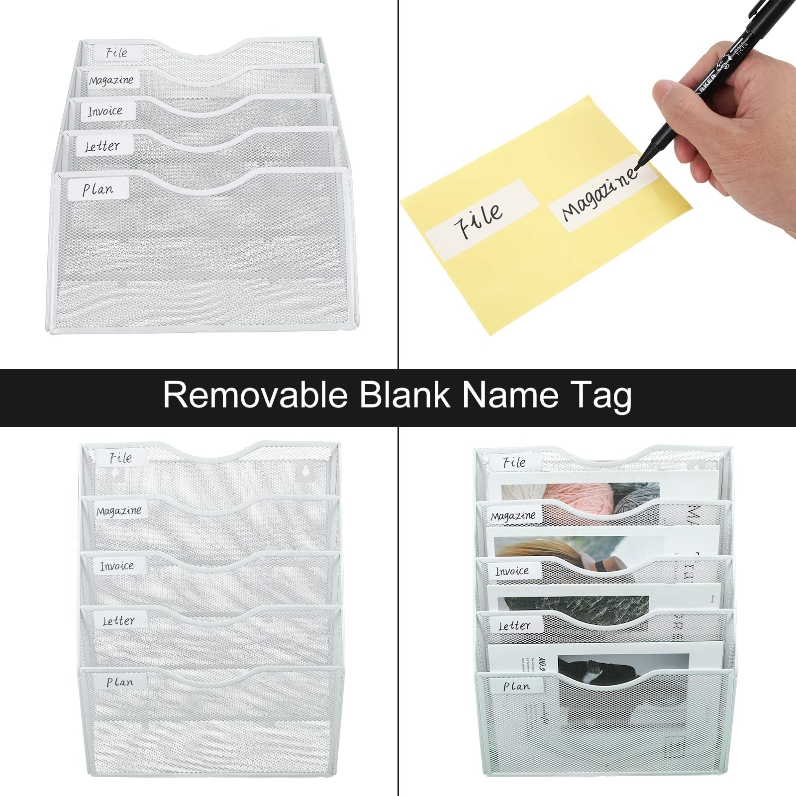 PAG-Mass Hanging Wall File Holder Mail Organizer Wall Mount Document Letter Rack, 5-Tier, White