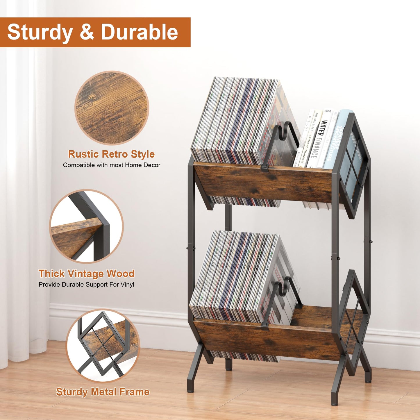 RUILALIFE 2-Tier-Vinyl-Record-Storage-Holder With Dividers, Metal Album storage for vinyl records