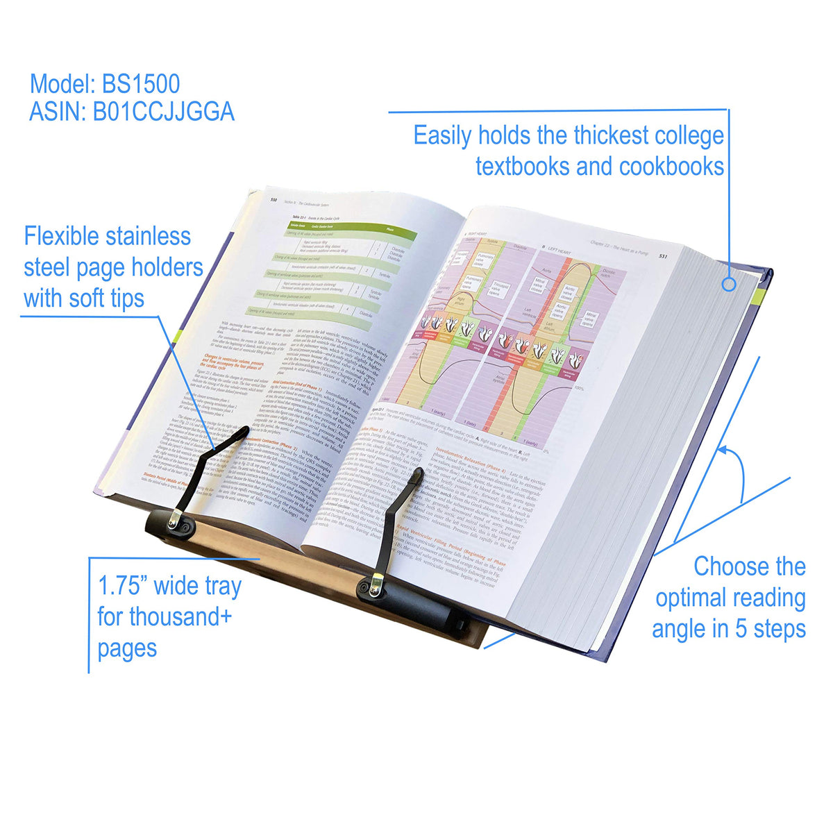 A+ Book Stand BS1500 11.8x8.5 Portable Adjustable Foldable Bookstand Holder for Reading Hands Free