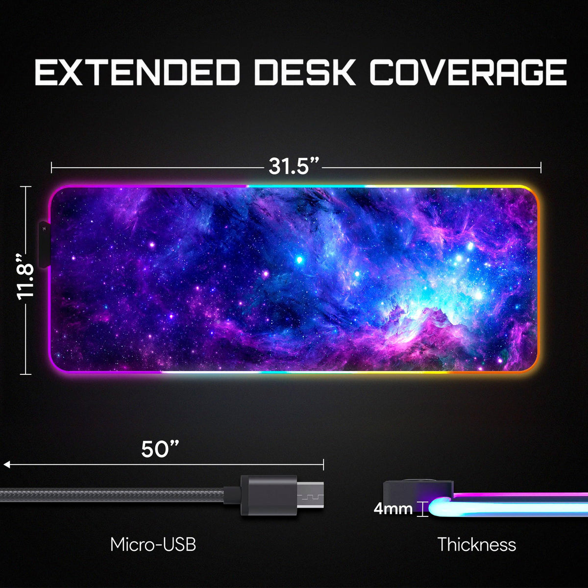 Gerlos RGB Gaming Mouse Pad, Large LED Desk Mat for Gamer, 31.5" x 11.8"