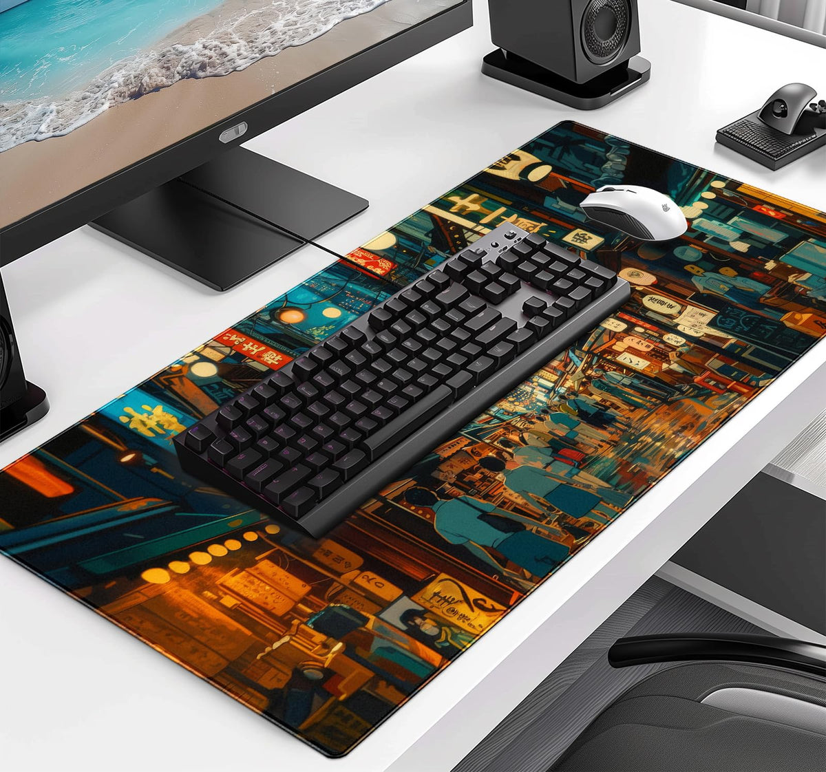 Cute Japanese Street Keyboard Desk Mat, Tokyo Night View Computer Mouse Mat