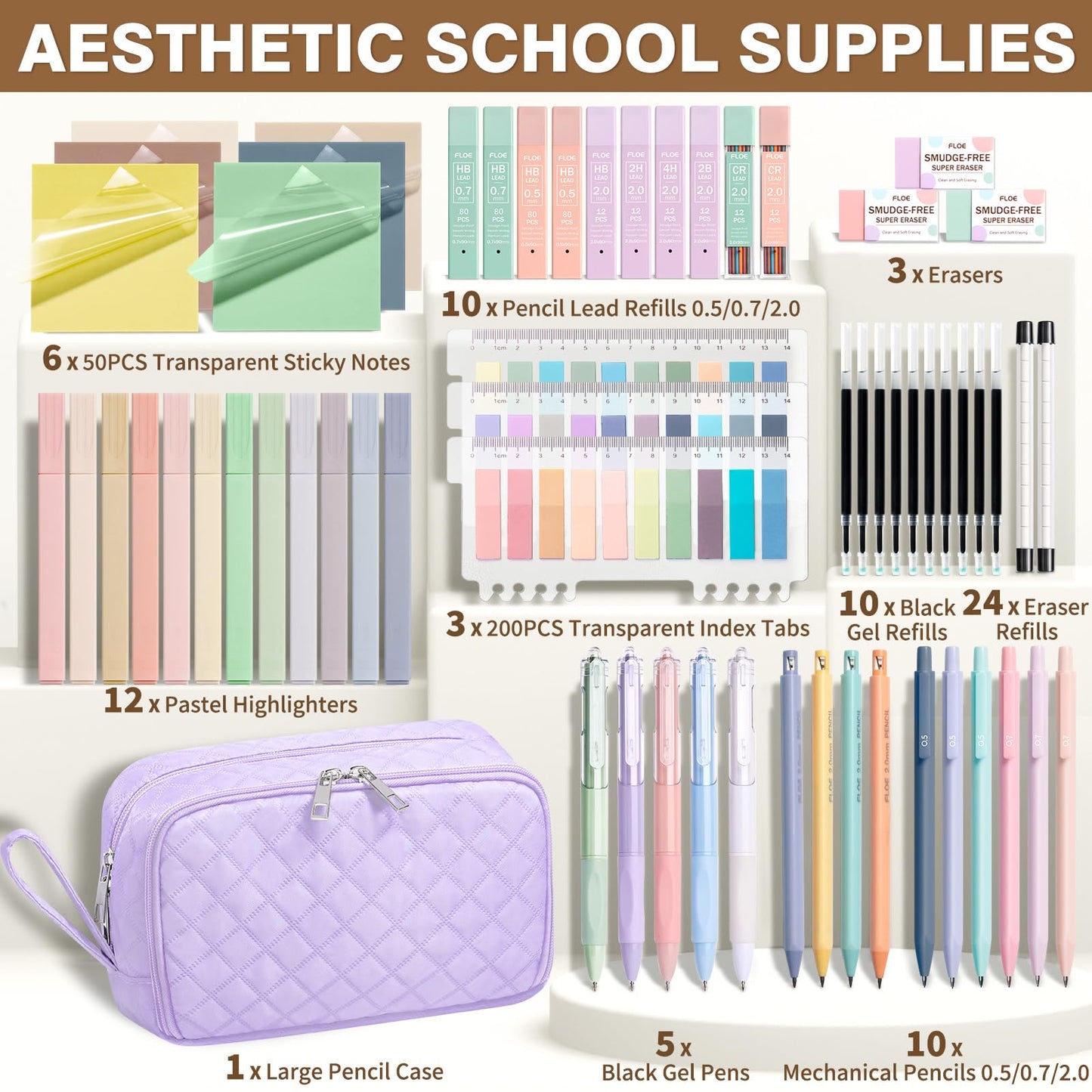 62PCS Aesthetic Back to School Supplies w/ Cute Pencil Case Stationary Set