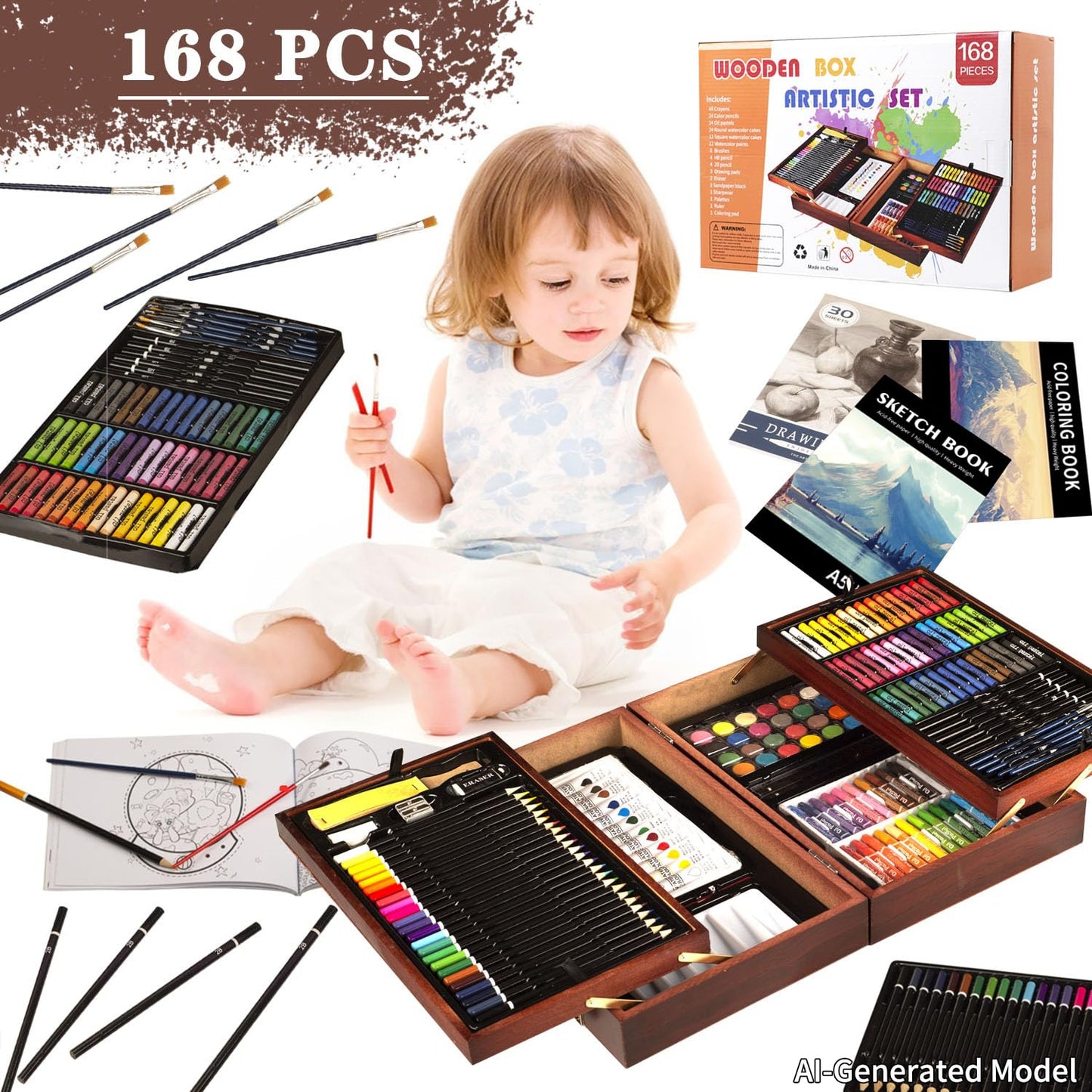 KINSPORY 168-Pack Art Supplies, Deluxe Wooden Art Set Crafts Drawing Painting Coloring Kit, 3 Pack