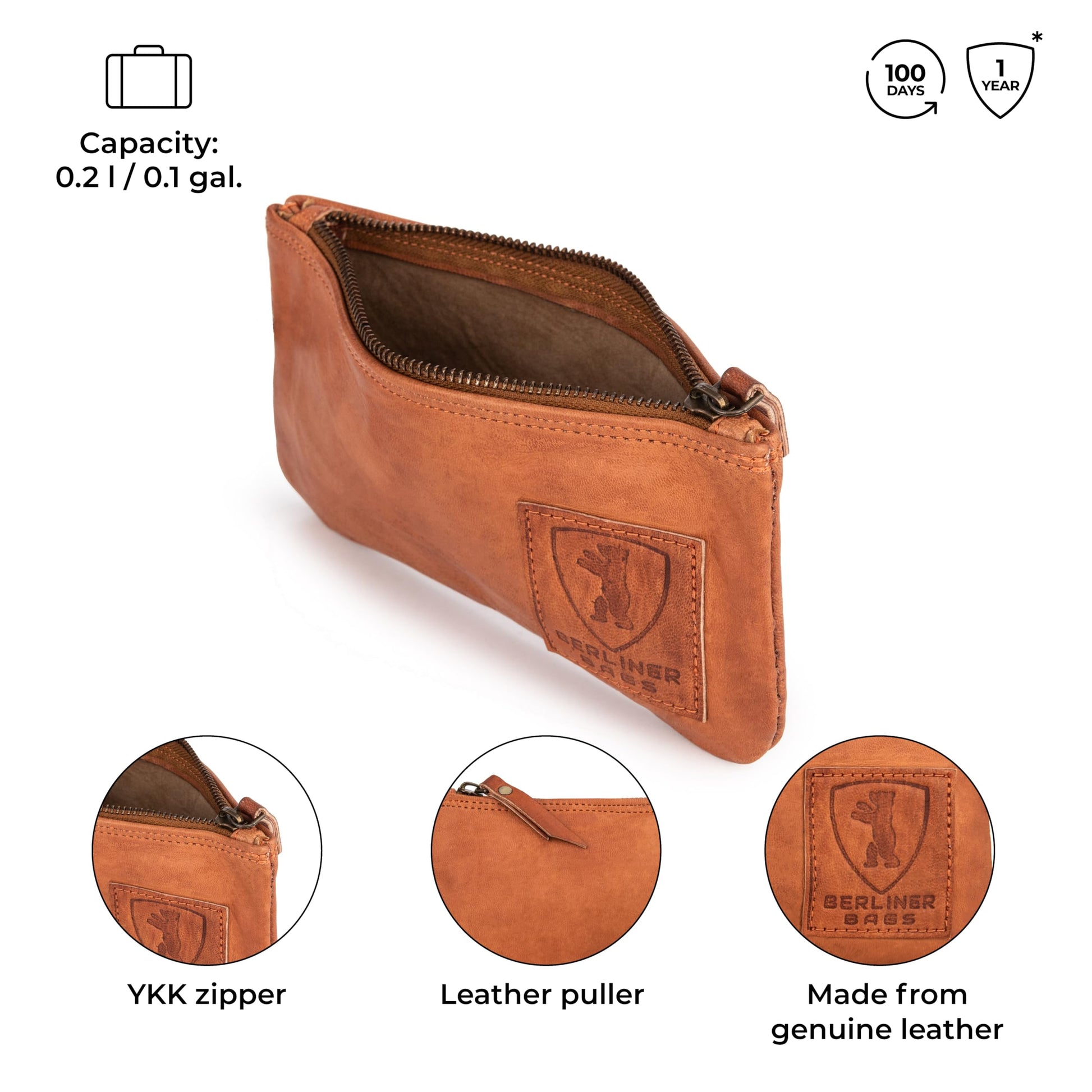 BERLINER BAGS Vintage Leather Pencil Case, Pen Pouch for Work and University or for Tobacco, for