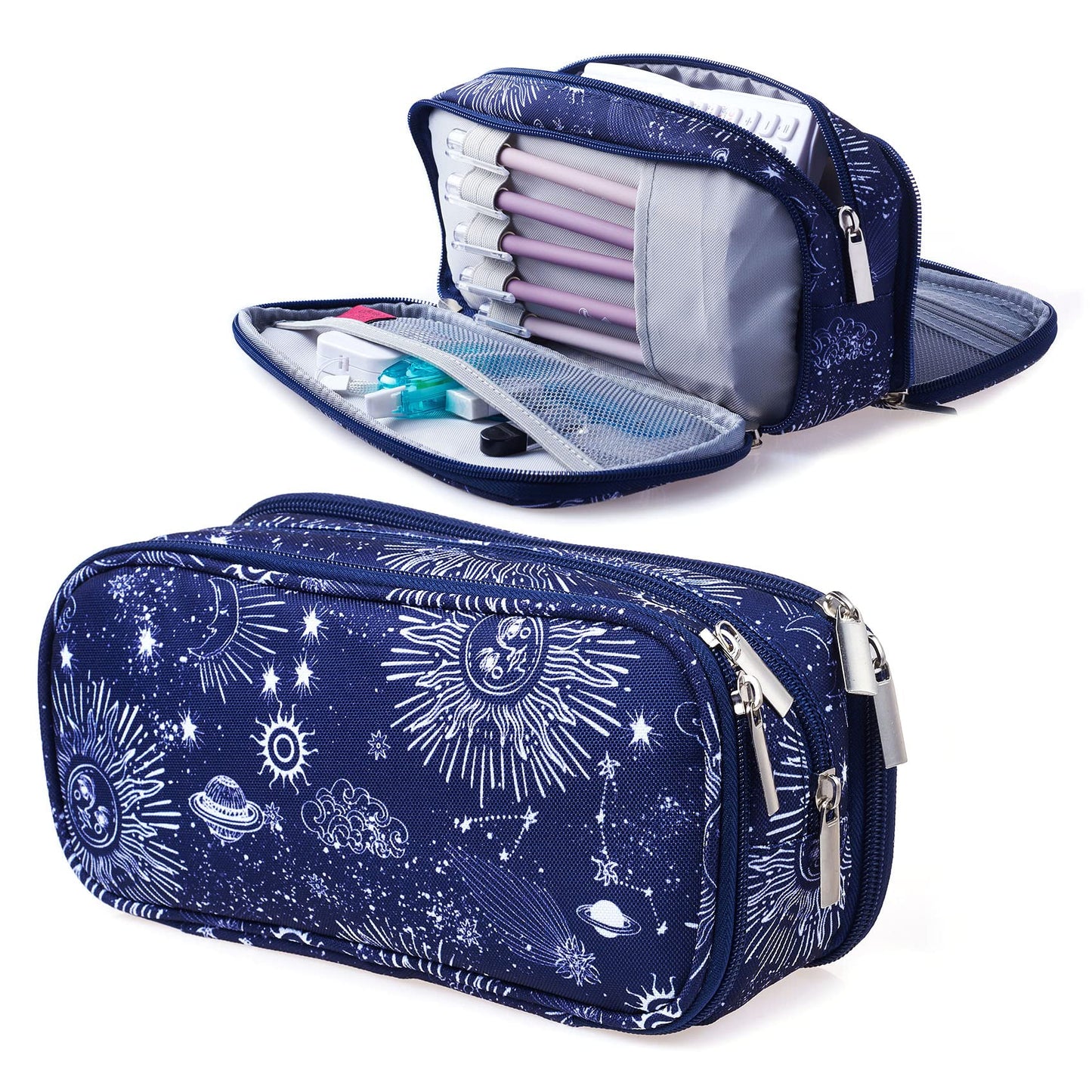 LParkin Sun and Moon Pencil Case Super Large Capacity 3 Compartments Canvas Pencil Box Office