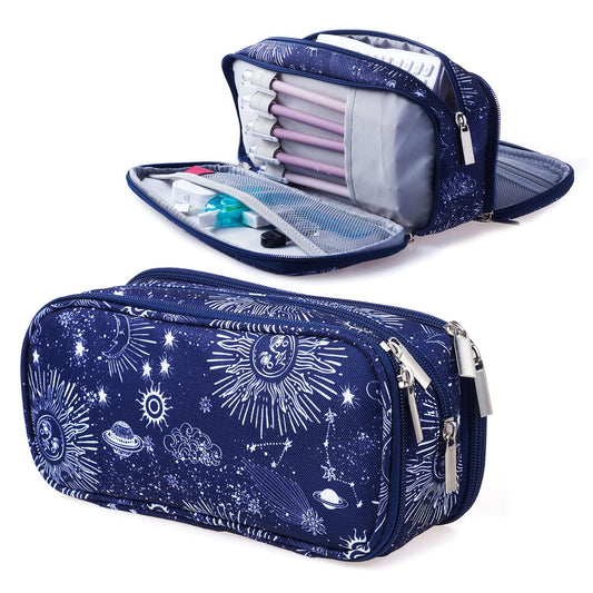 LParkin Sun and Moon Pencil Case Super Large Capacity 3 Compartments Canvas Pencil Box Office