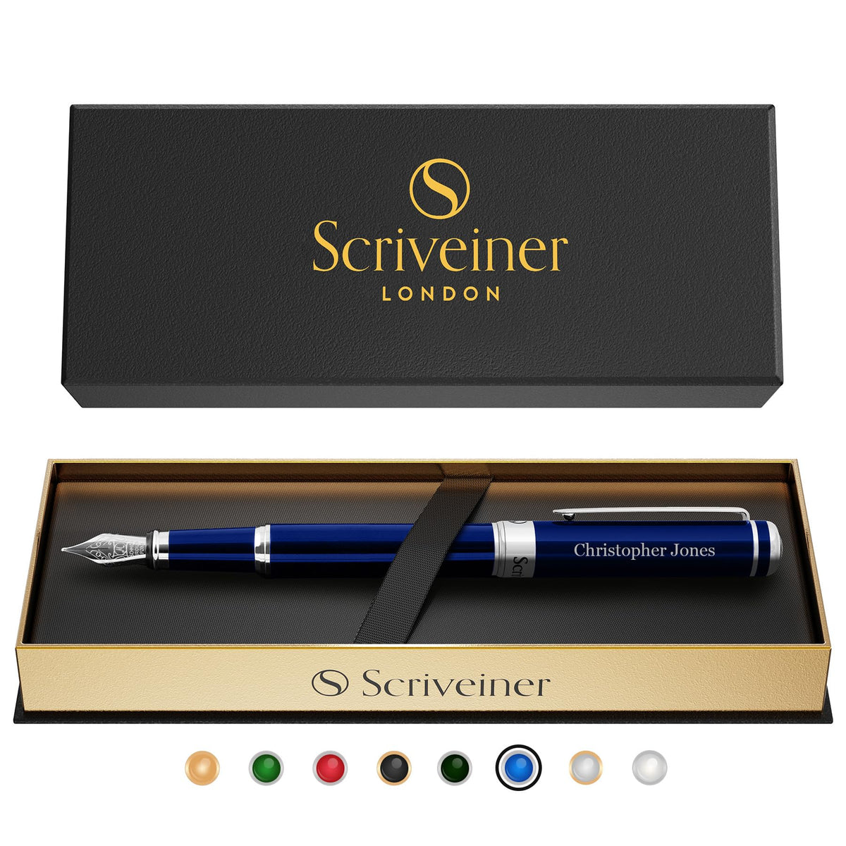 Scriveiner Personalized Midnight Blue Fountain Pen - Stunning Blue Lacquer Luxury Pen, Chrome
