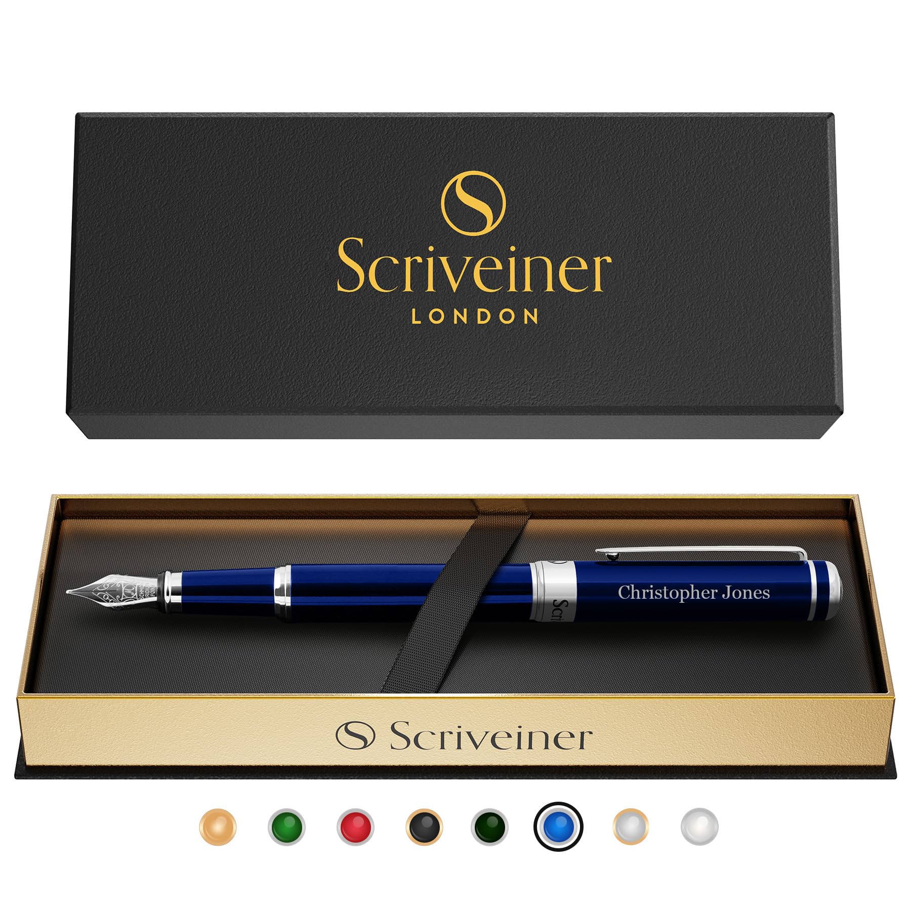 Scriveiner Personalized Midnight Blue Fountain Pen - Stunning Blue Lacquer Luxury Pen, Chrome