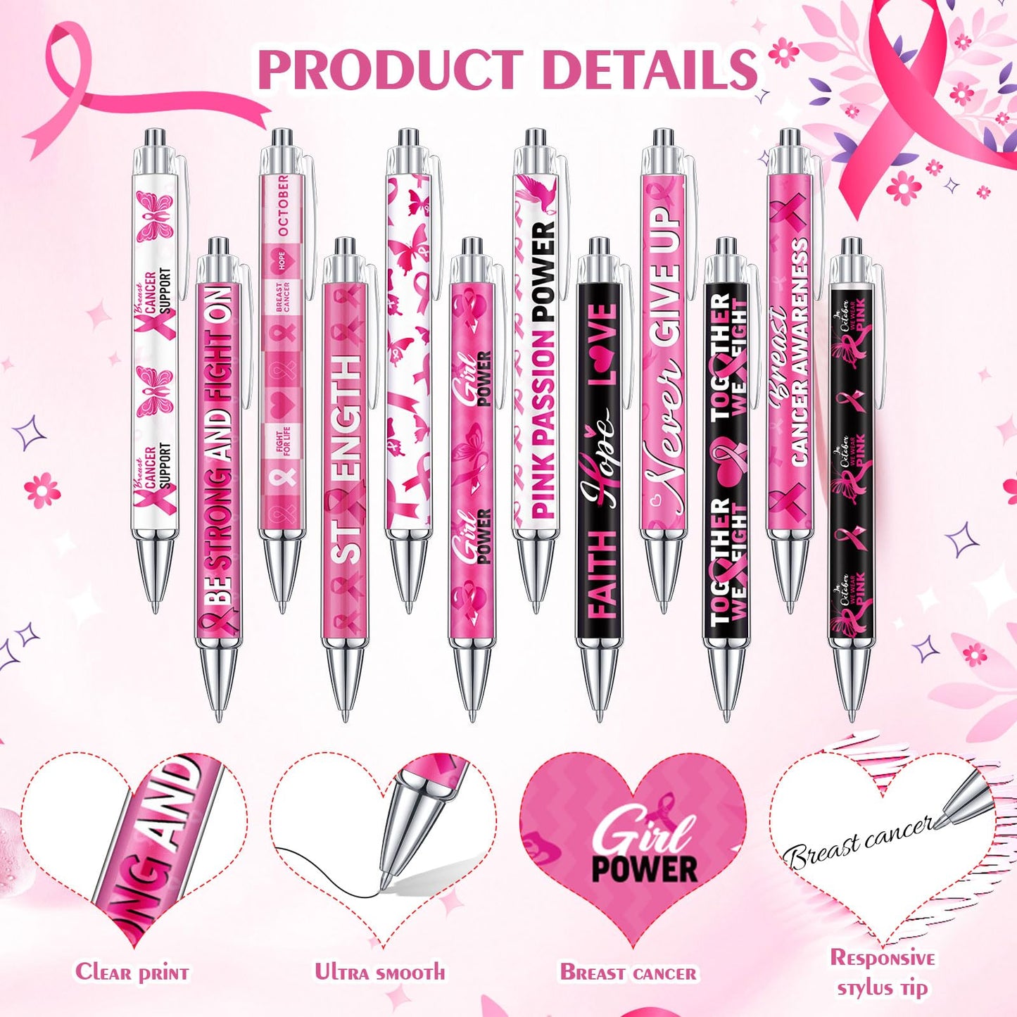 Cholemy 96 Pcs Breast Cancer Pen Bulk Retractable Ballpoint Black Ink