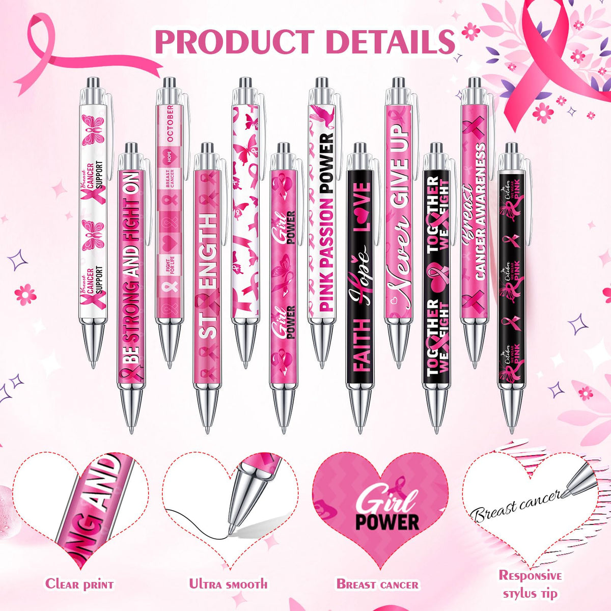 Cholemy 96 Pcs Breast Cancer Pen Bulk Retractable Ballpoint Black Ink