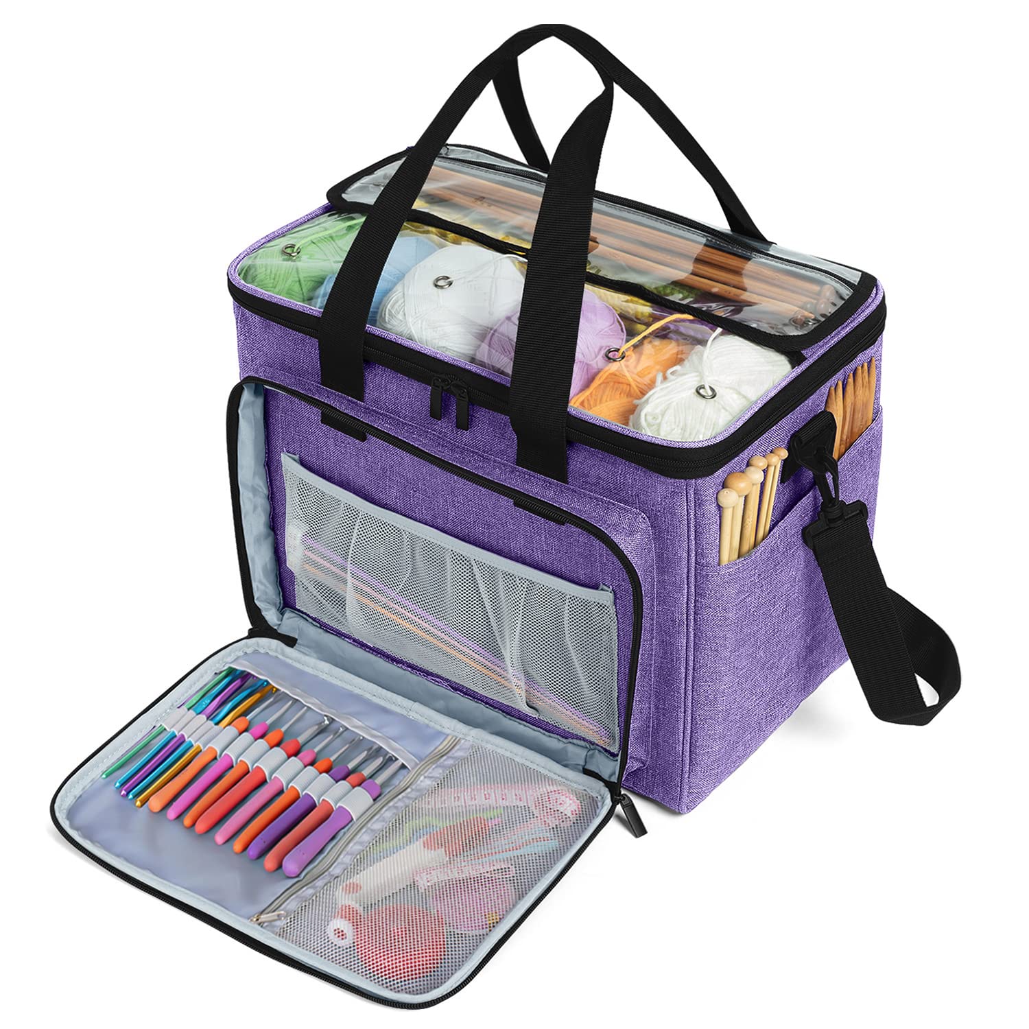Teamoy Knitting Bag, Yarn Storage Organizer Crochet Bag Tote, Purple