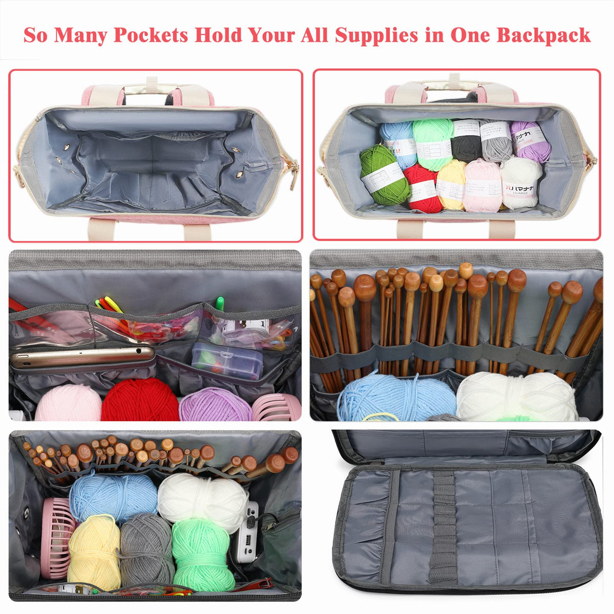LTINVECK Knitting Bag Backpack,Yarn Storage Organizer Travel Crochet Bag,Large Capacity Tote Bag