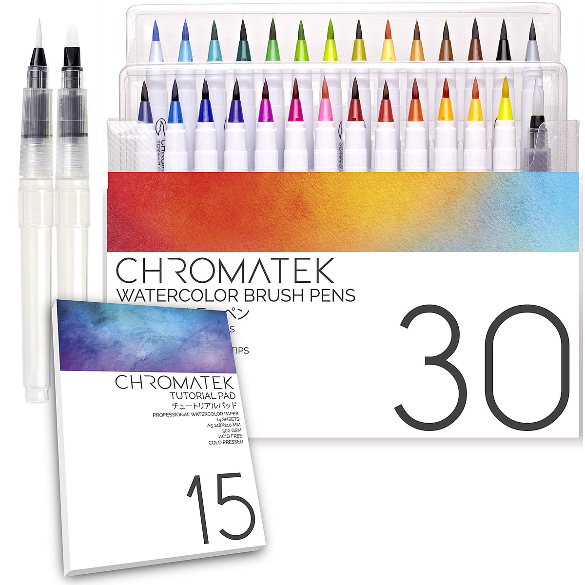 CHROMATEK 30 Watercolor Brush Pens | 15 Page Tutorial Pad & Online Video Series | Brush Tips |