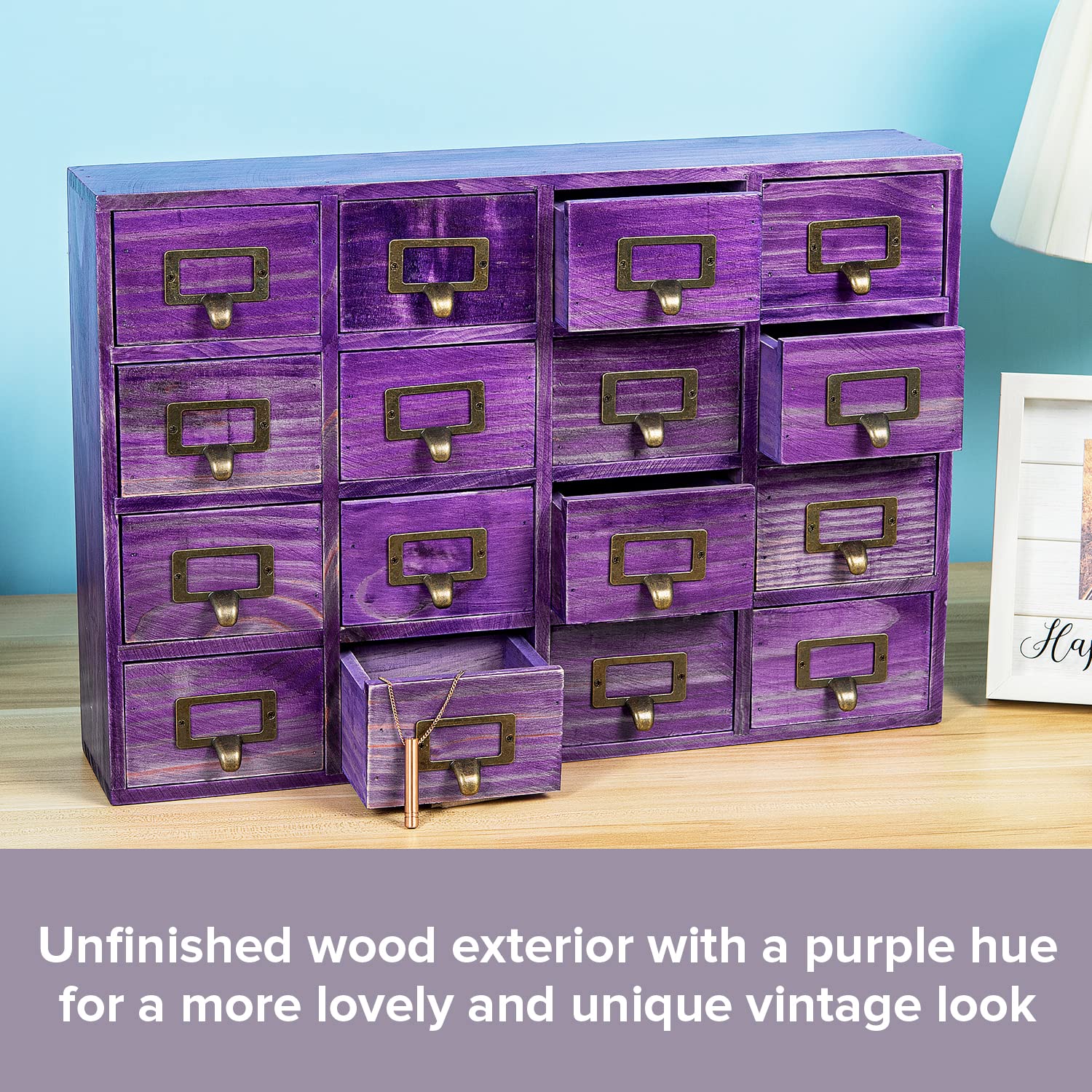 Purple 16-Slot Wooden Drawer Unit - Country Style Desk Organizer Box - 20"x3.6”x14” Wooden Storage