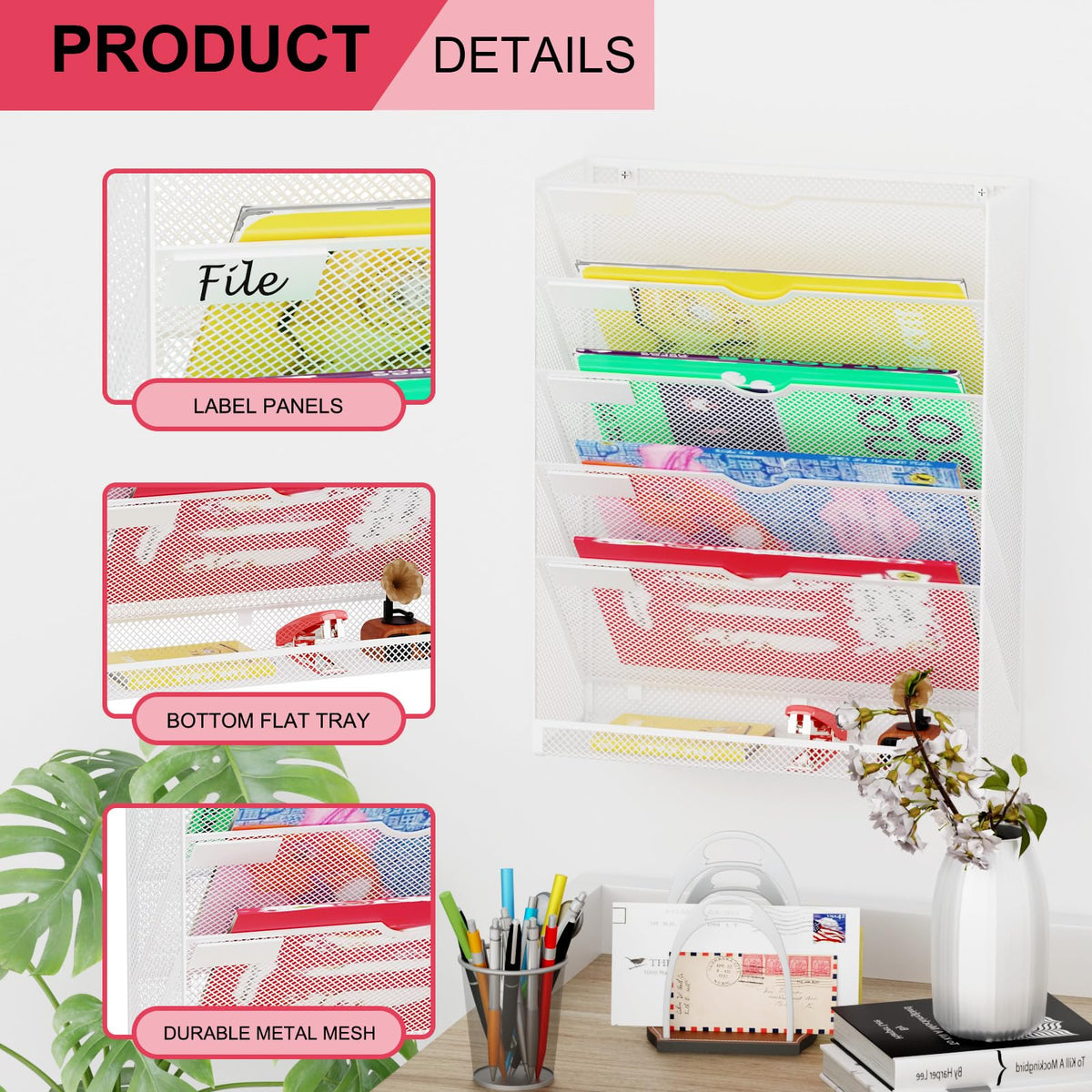 GDINDINFAN Hanging Wall File Organizer 6 Tier Wall Mounted File Holder Document Wall Organizer