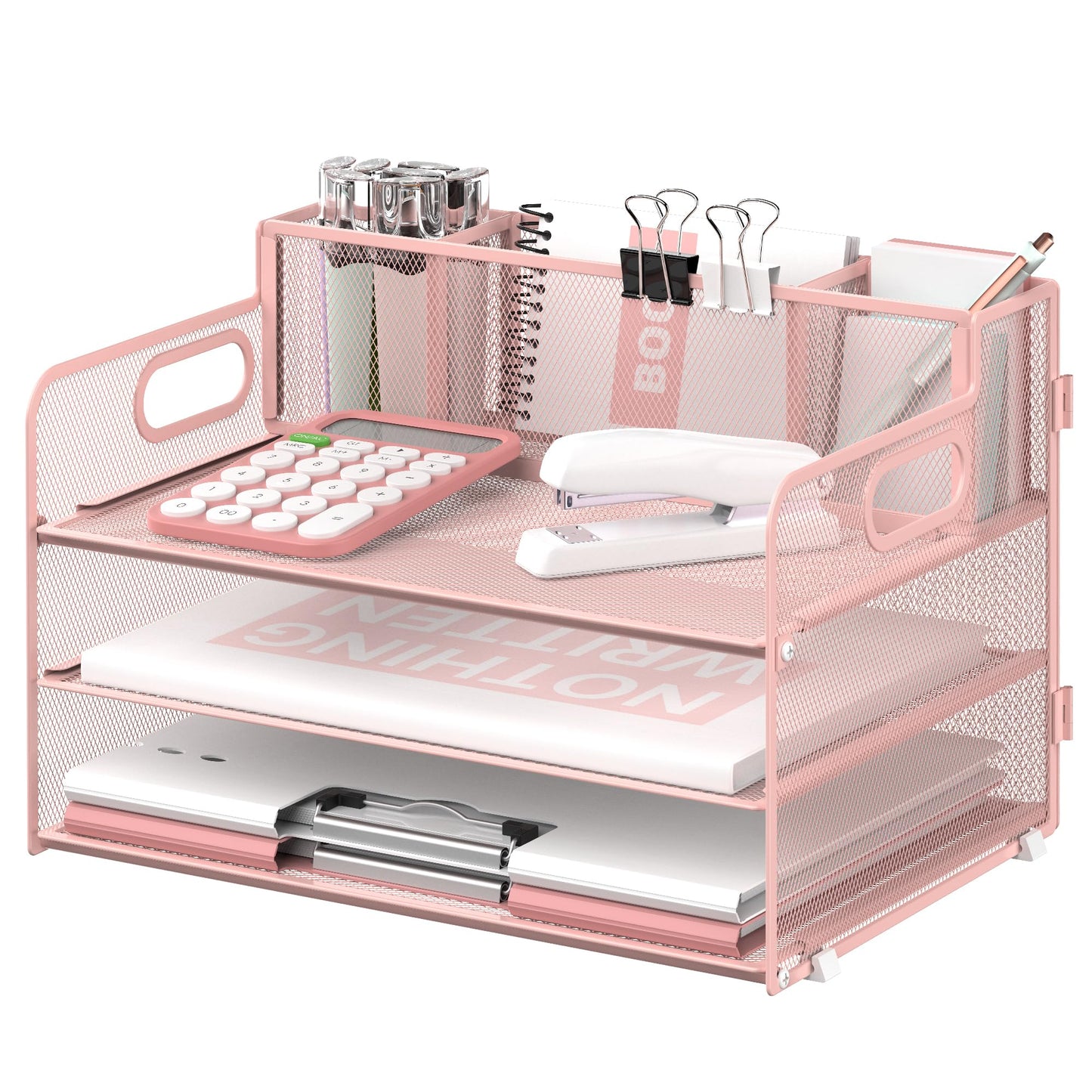 3-Tier Desk Organizer with Pen Holder and Handles, Paper Organizer, Pink