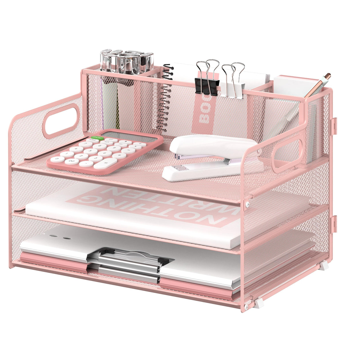 3-Tier Desk Organizer with Pen Holder and Handles, Paper Organizer, Pink