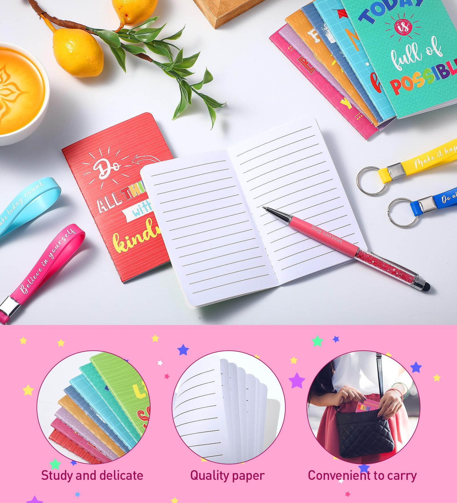 PerKoop 48 Pcs Inspirational Gifts Bulk VBS Notepads 3 x 5 Inch Motivational Ballpoint Pens