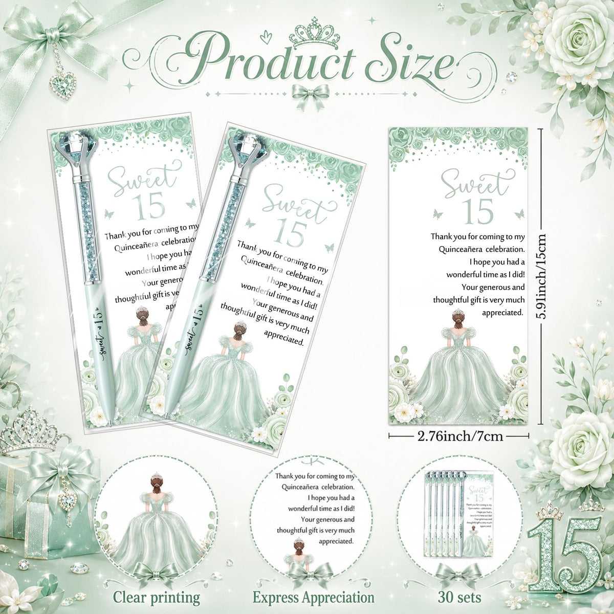 Sayglossy 50 Sets Quinceanera Party Favors Sweet Thank You Gifts Diamond Pens with Thank You Cards