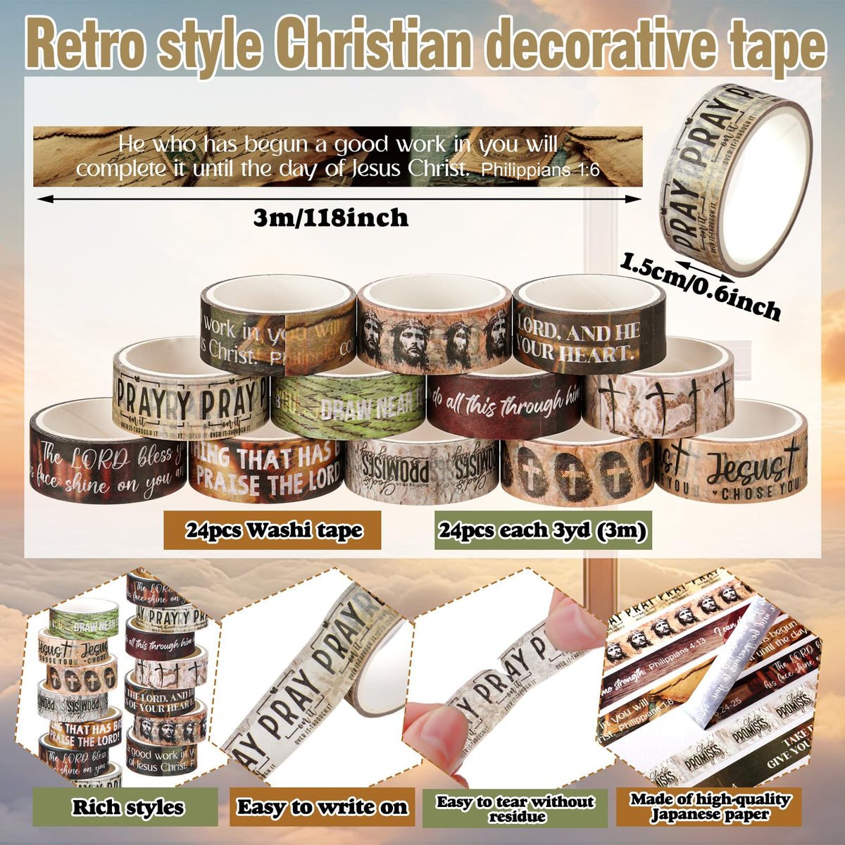 Janlaugh 24 Rolls Christian Washi Tape Gifts for Bible Journaling, Rustic