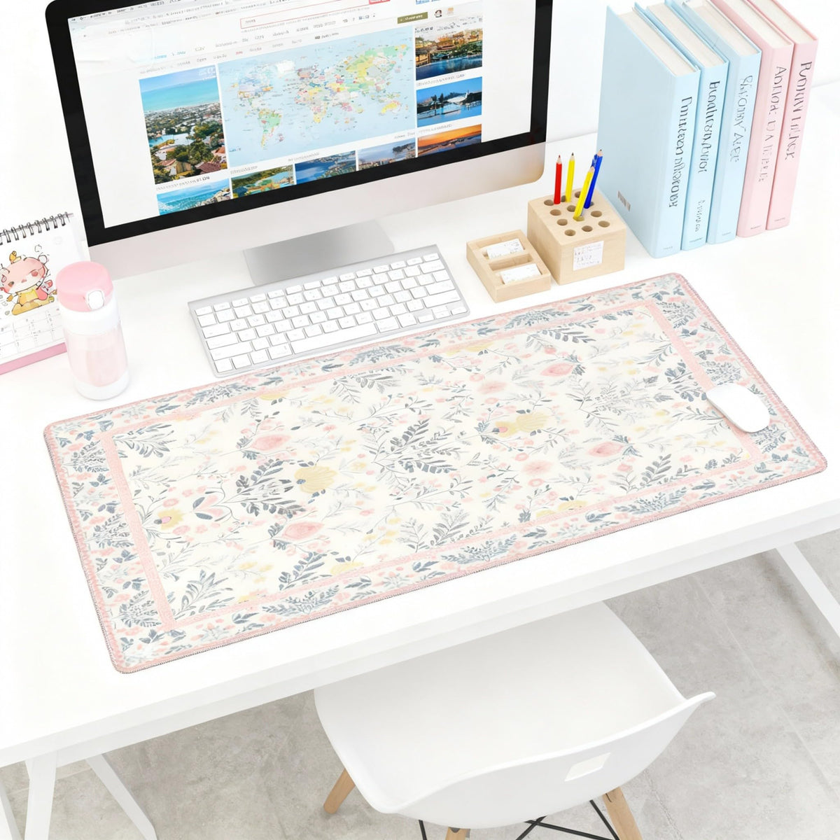 XXL Large Floral Mouse Pad - Pink Flower Desk Mat with Stitched Edges & Anti-Slip Base, Cute