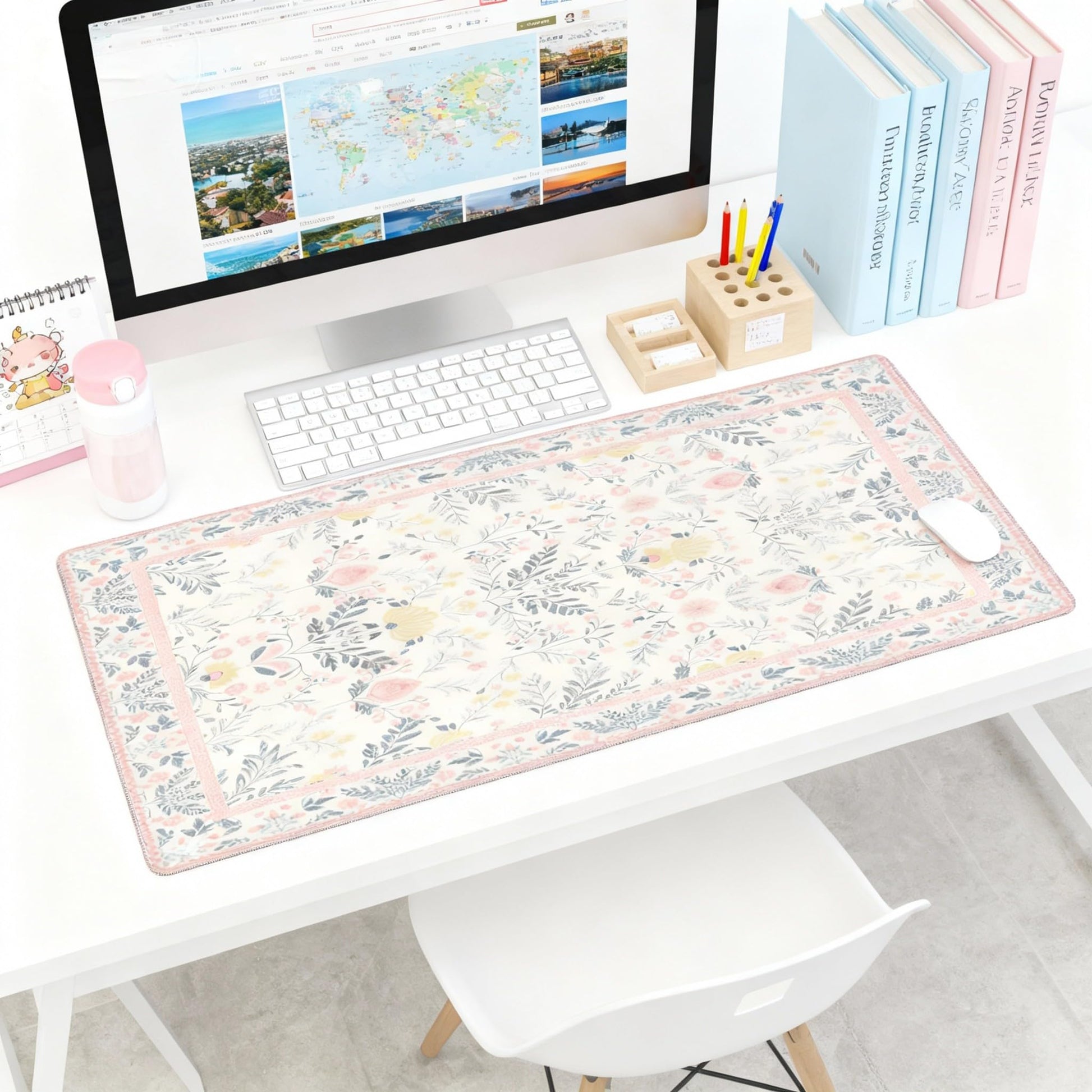 XXL Large Floral Mouse Pad - Pink Flower Desk Mat with Stitched Edges & Anti-Slip Base, Cute