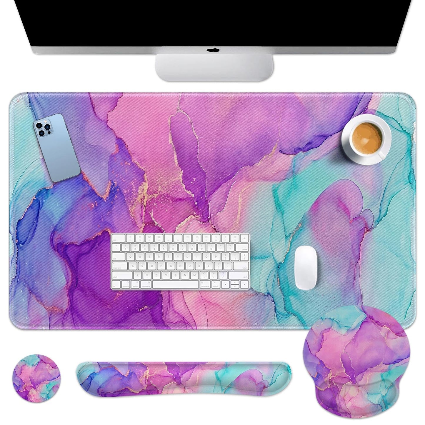 Arttown Keyboard Mouse Pad Set, 4 in 1 Desk Mat Set Marble Purple