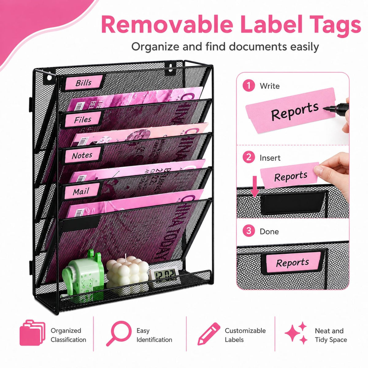 ideallife Mesh Wall File Holder Organizer with Bottom Flat Tray (6 Tier)