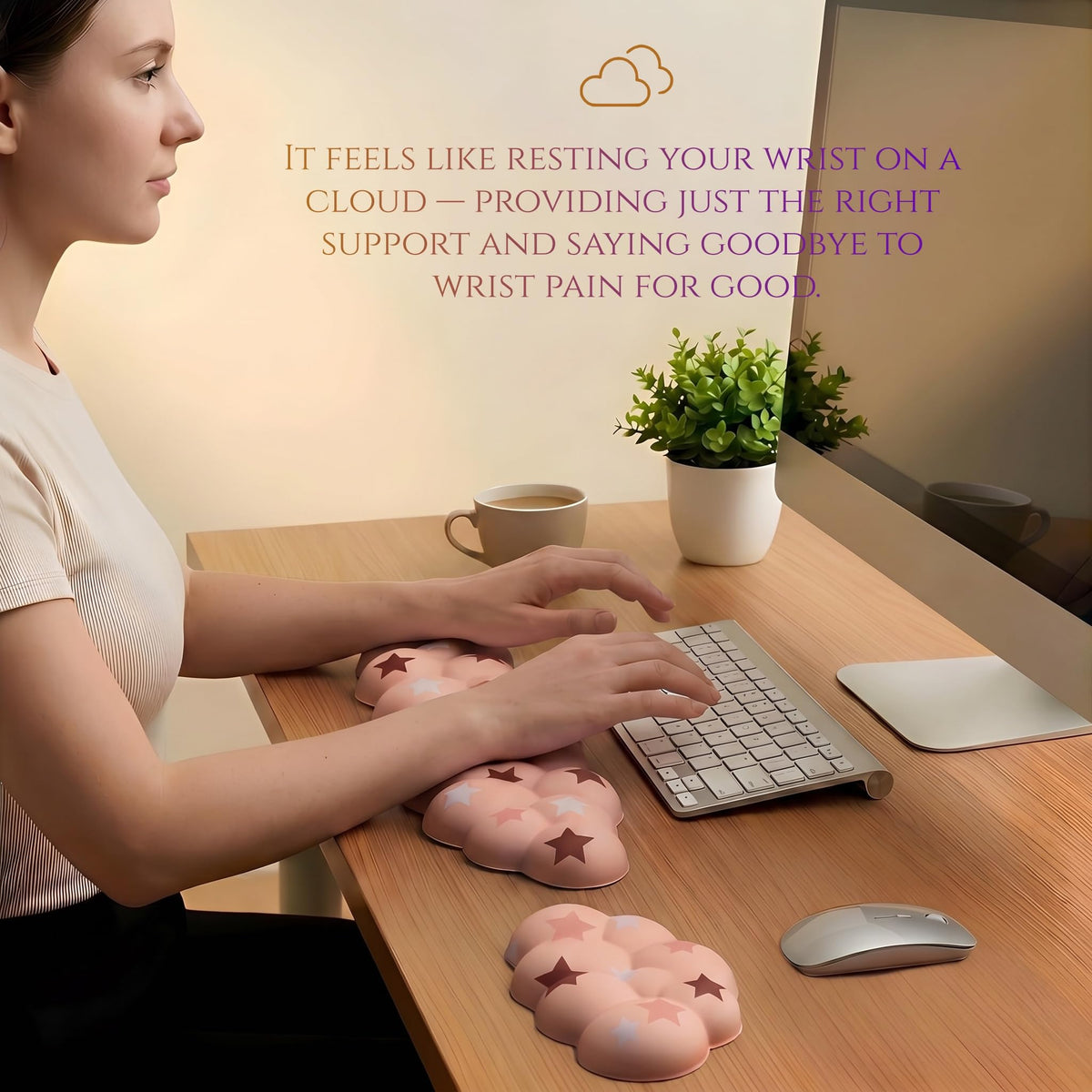 LJYZMD Cloud Wrist Rest Set for Keyboard & Mouse, Milk Tea Colorful Star