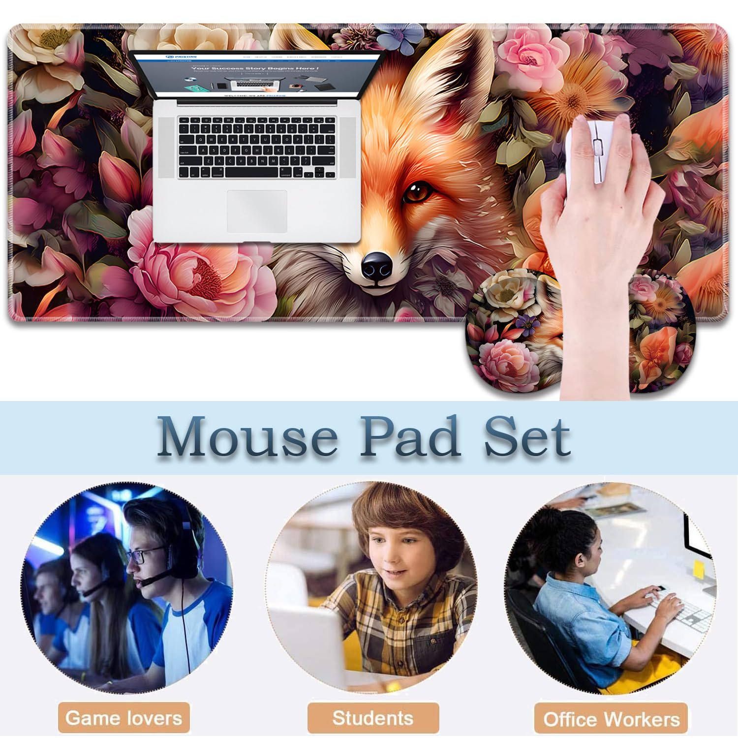 3-Piece Fairy Fox Floral Mouse Pad Set, Including Wrist Support Pad and Cup Holder, with Waterproof