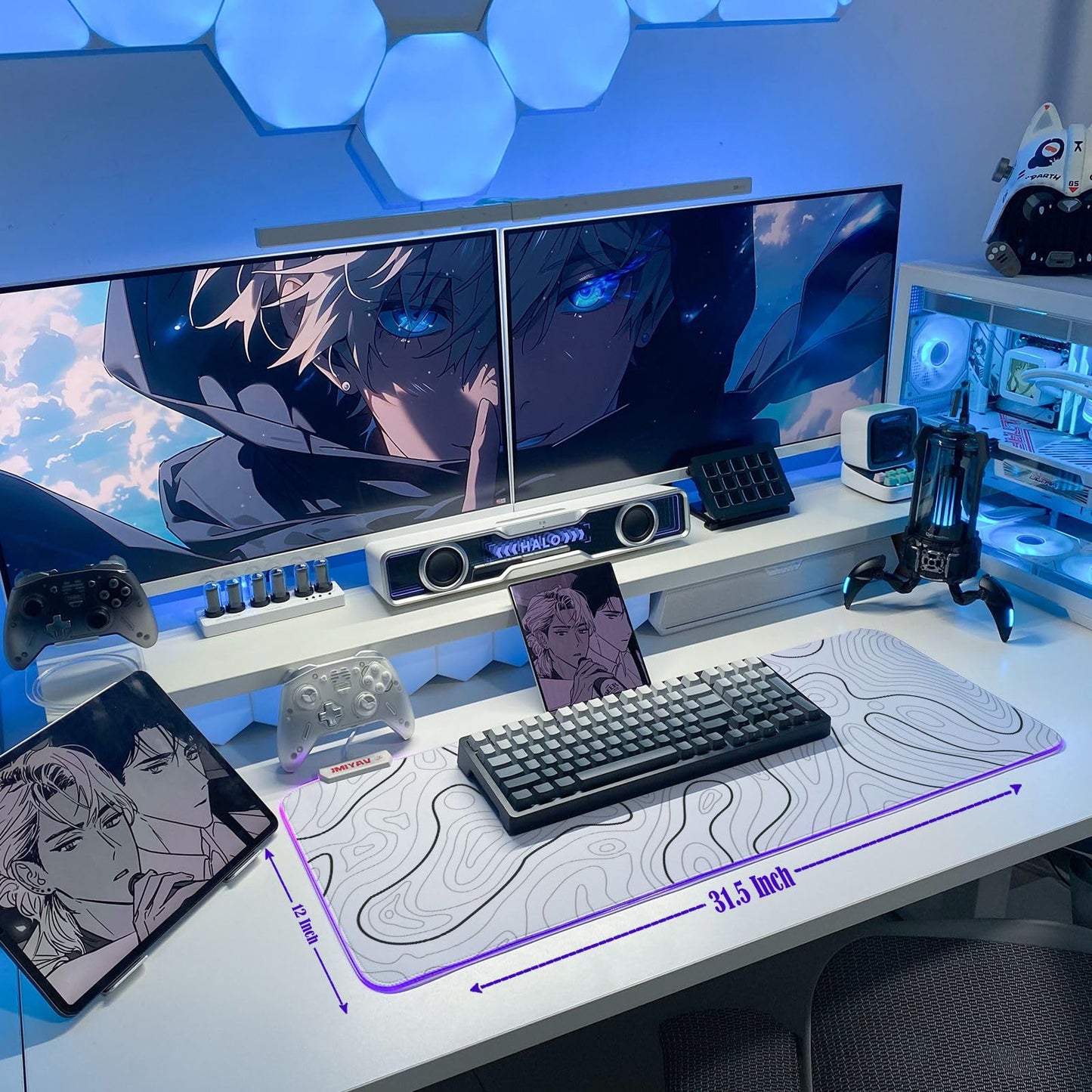JMIYAV White Gaming Mouse Pad RGB Mousepad 31.5x12In Non-Slip Rubber Base Extra Large Cool XL XXL