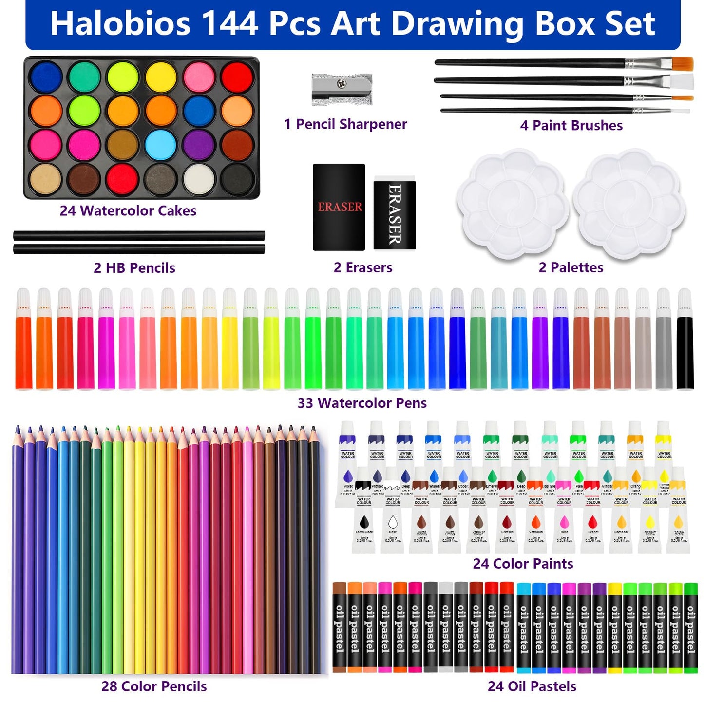 Halobios Art Supplies, 144-Piece Deluxe Art Set Professional Art Kit with Portable Aluminum Case