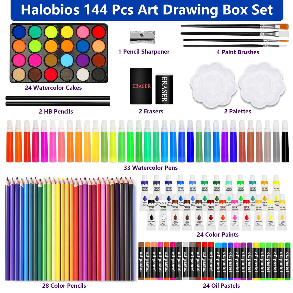 Halobios Art Supplies, 144-Piece Deluxe Art Set Professional Art Kit with Portable Aluminum Case
