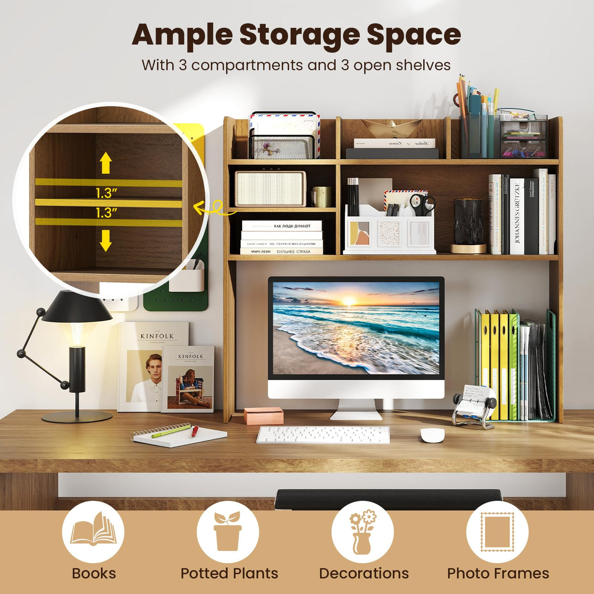 Giantex Desktop Bookshelf, 37" Desk Hutch Dorm for Computer Up to 32 Inch, Countertop Hutch w/6