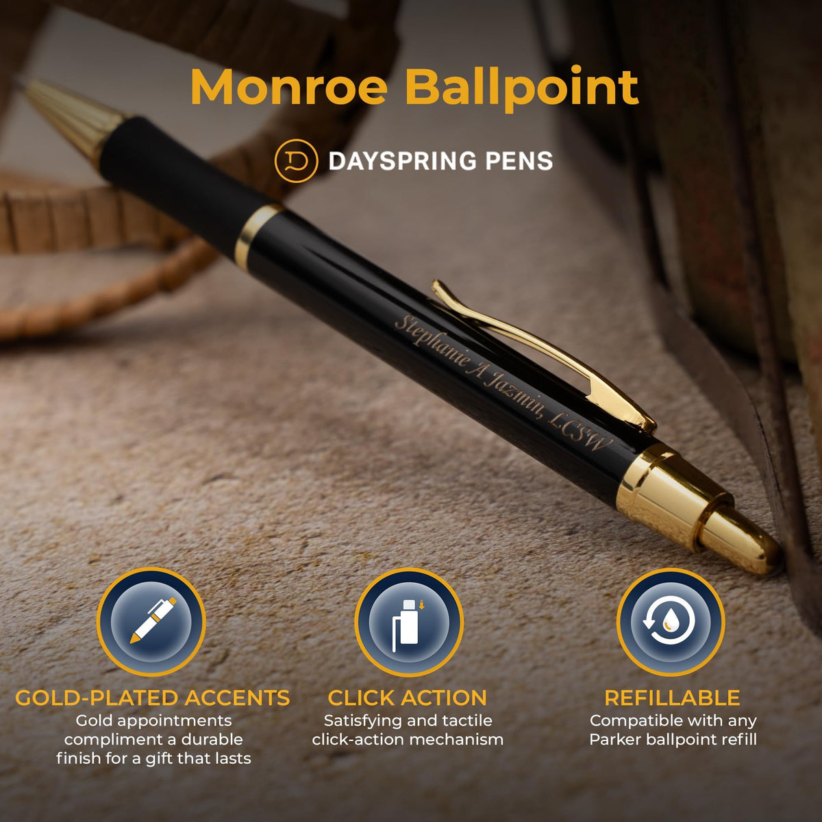 Dayspring Pens Monroe Personalized Ballpoint Pen in Black with Gold Trim