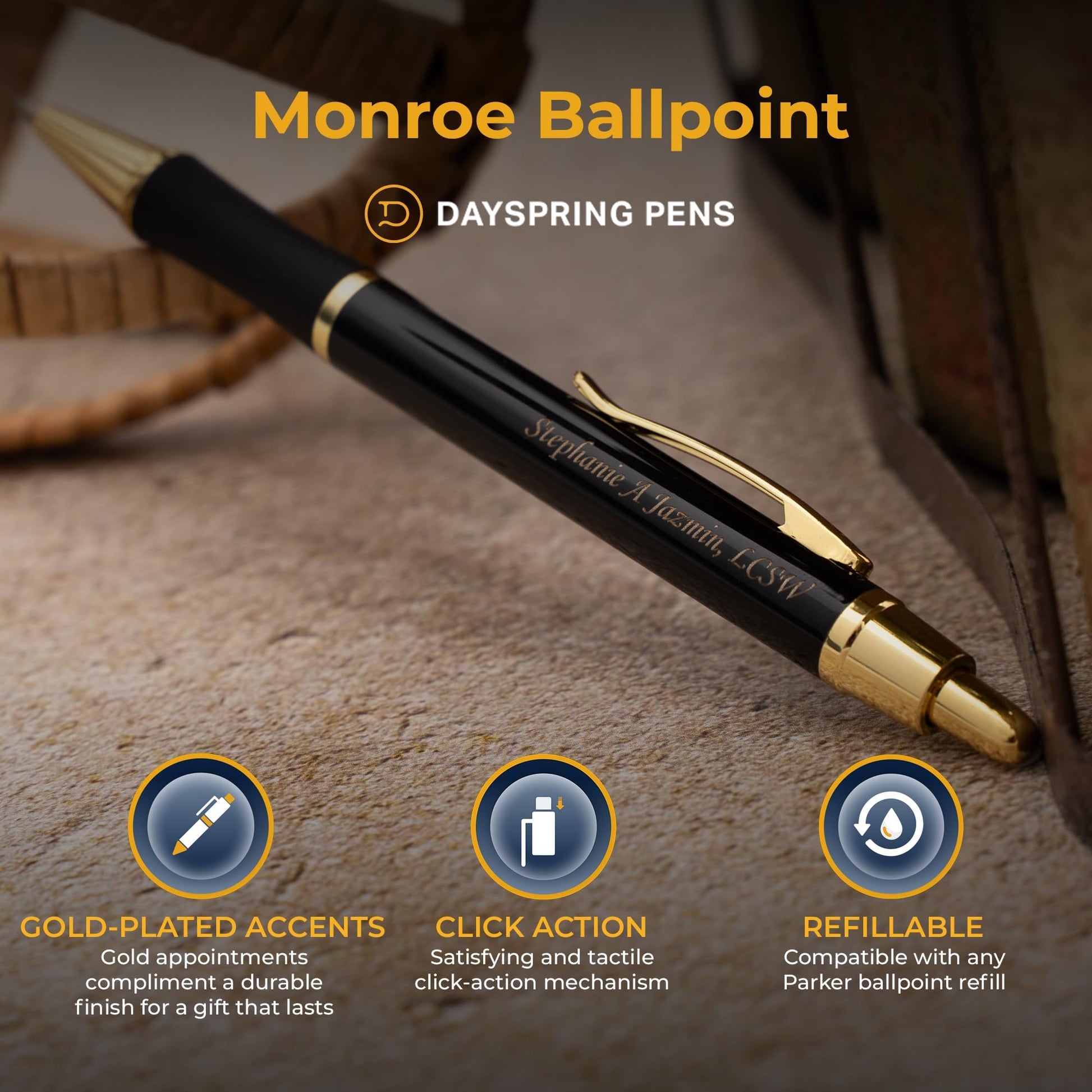 Dayspring Pens Monroe Personalized Ballpoint Pen in Black with Gold Trim